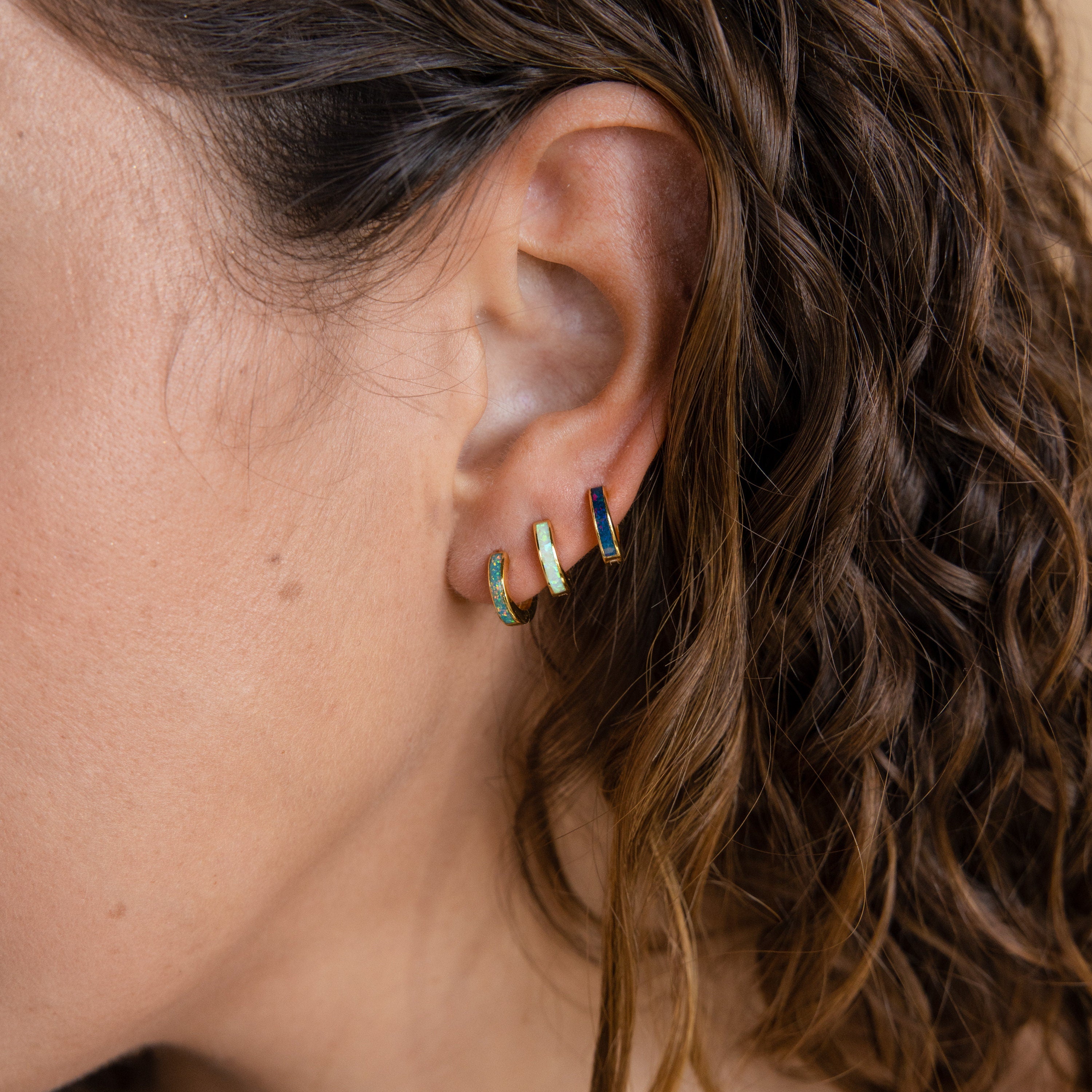 Opal Inlay Huggie Earrings Set by Caitlyn Minimalist • Dainty White Opal Earrings • Blue & Green Gemstone Hoops • Gifts for Wife • ER212