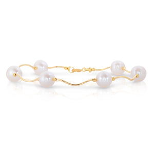 Elegant 14K Gold Handmade Freshwater Pearl High Polished Station Bracelet.