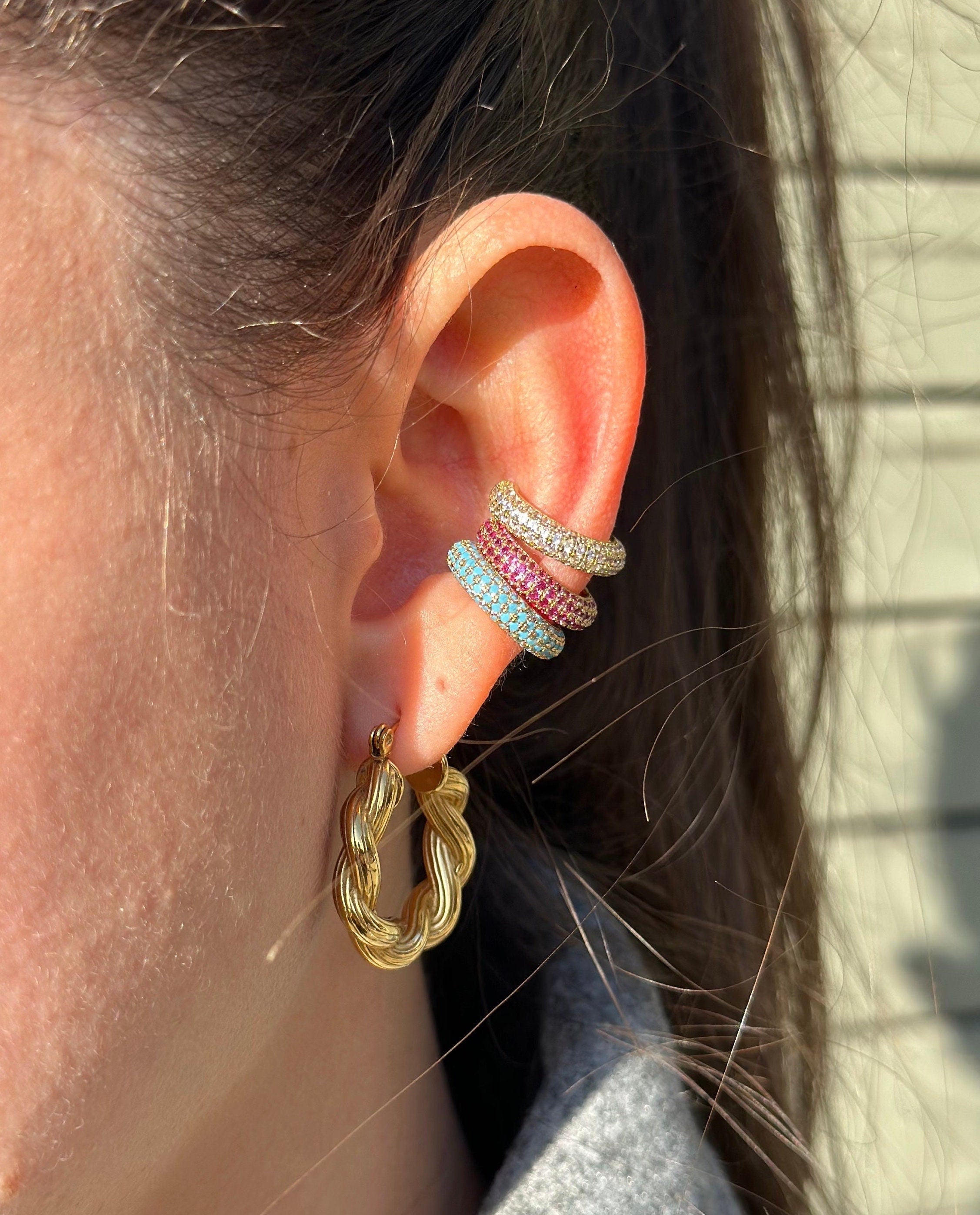 Pave Earcuff, Micro Pave Earcuff, Diamond ZC Ear Cuff, Gold, Silver, Pink, Purple, Blue Earcuff Hoop, Huggie Ear Cuff, No Piercing