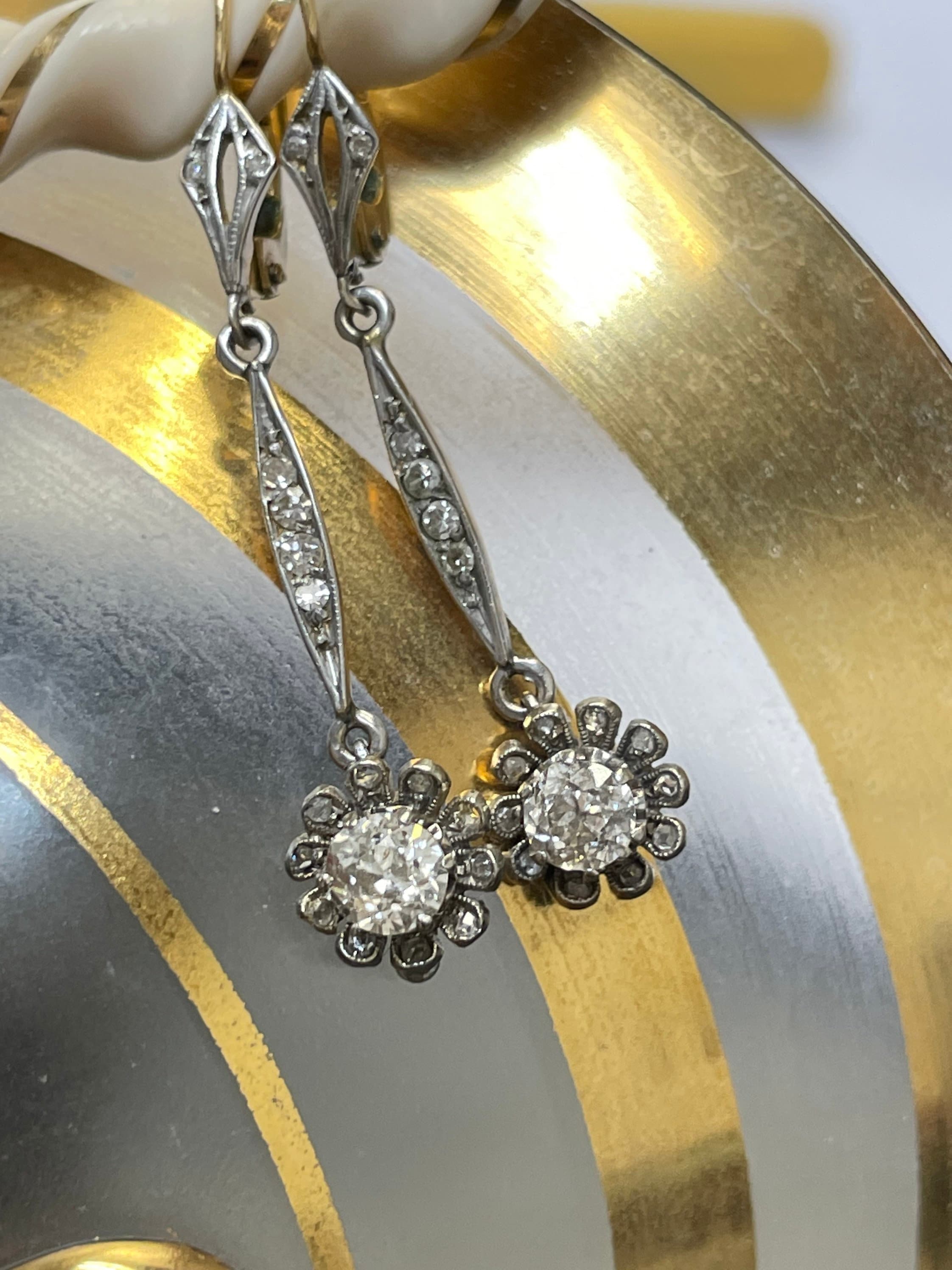 Antique Old Mine Cut Victorian Diamond Flower Drop Earrings 18K Gold and Platinum