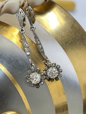 Antique Old Mine Cut Victorian Diamond Flower Drop Earrings 18K Gold and Platinum
