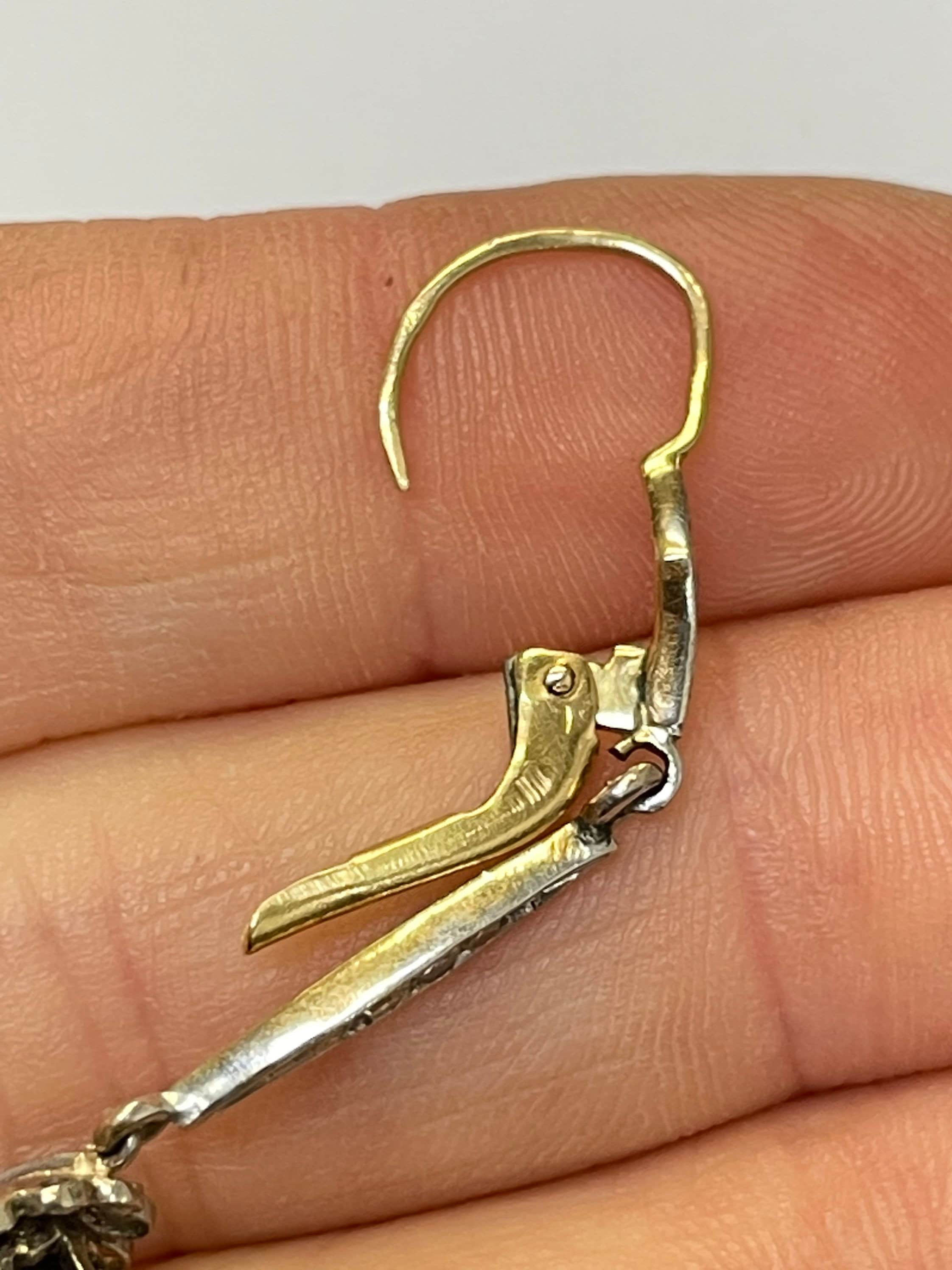 Antique Old Mine Cut Victorian Diamond Flower Drop Earrings 18K Gold and Platinum