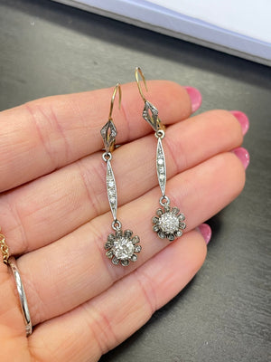 Antique Old Mine Cut Victorian Diamond Flower Drop Earrings 18K Gold and Platinum