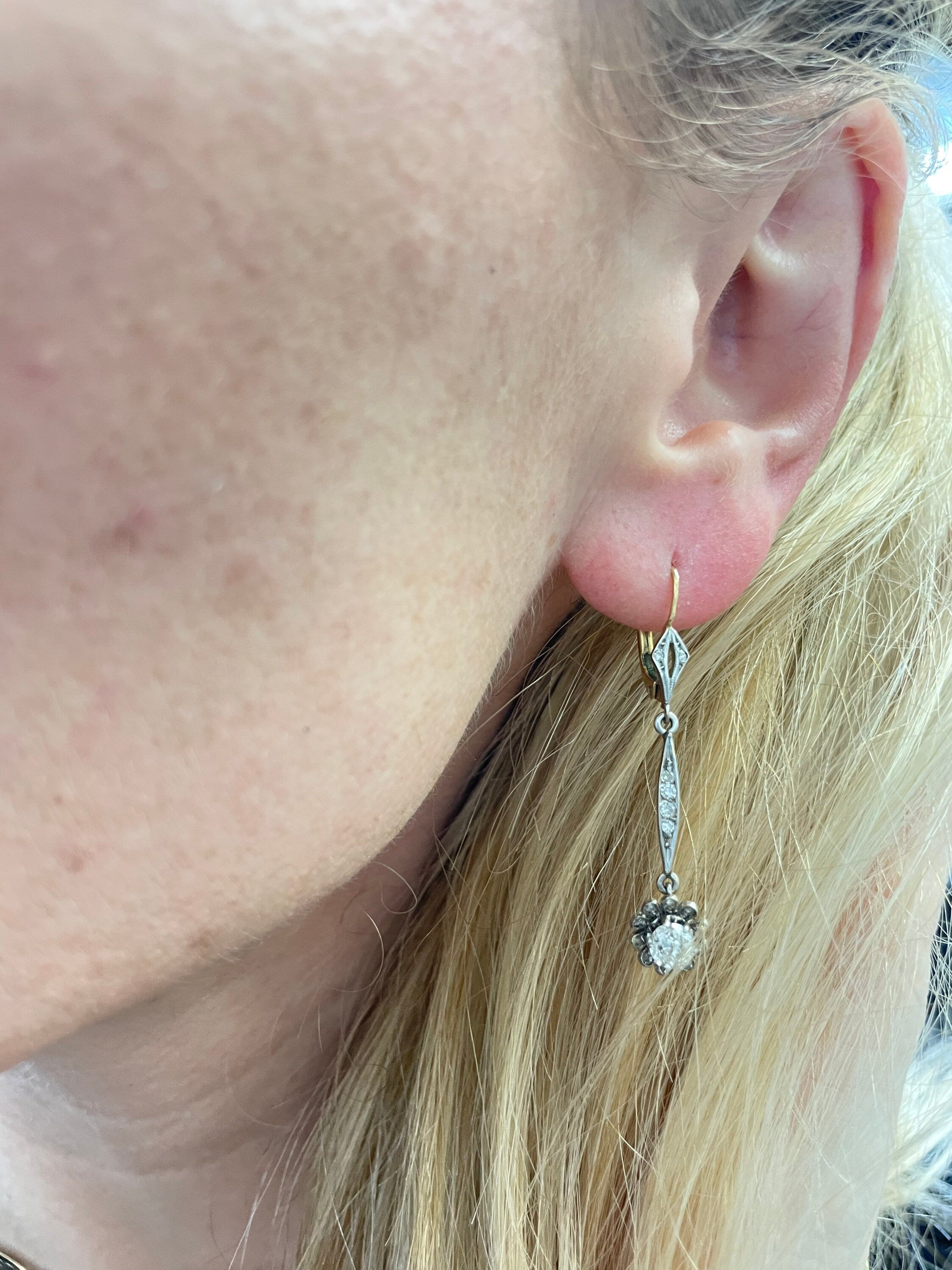 Antique Old Mine Cut Victorian Diamond Flower Drop Earrings 18K Gold and Platinum
