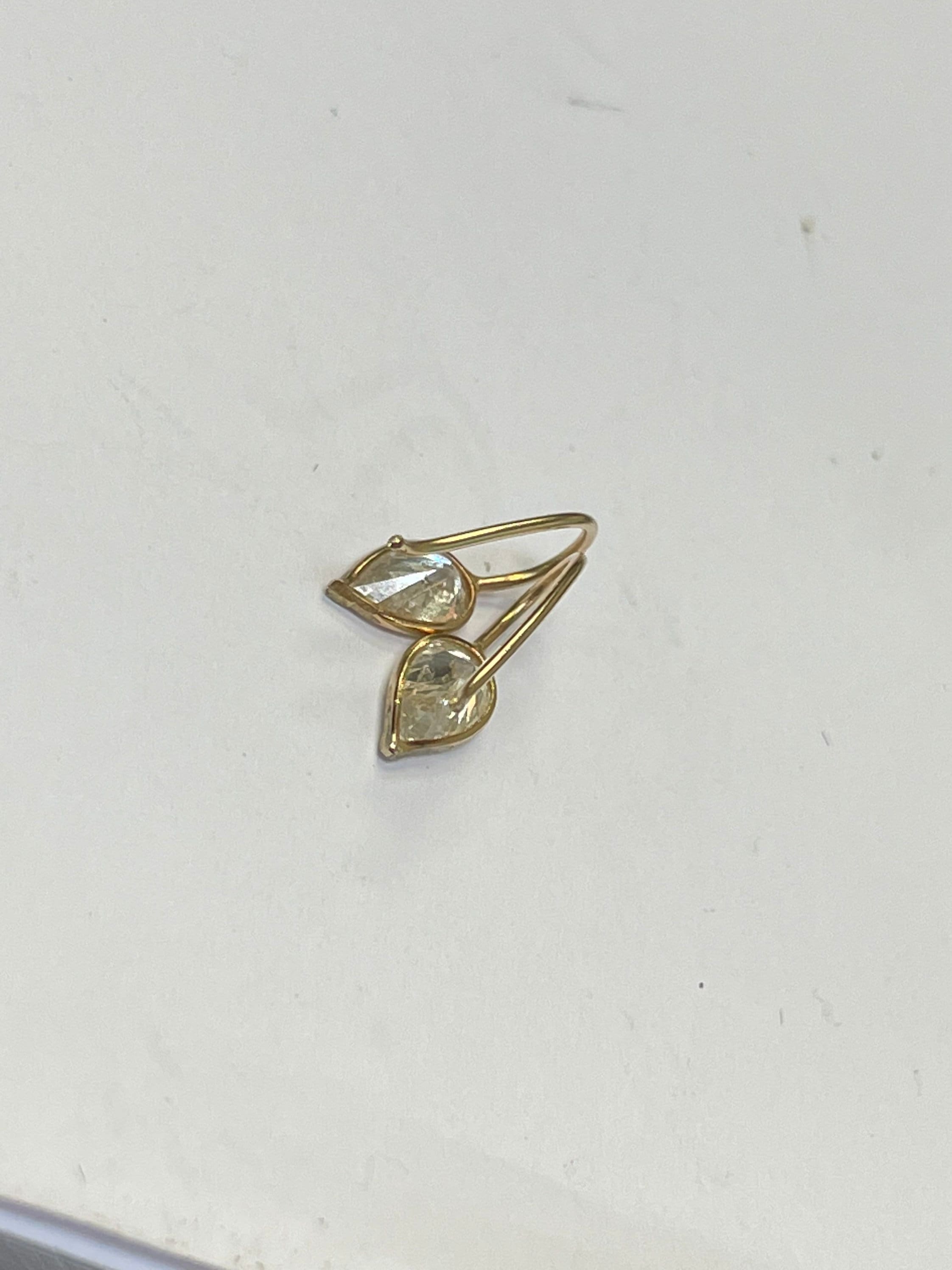 Unique Natural Untreated .78CT Pear Shape Diamond 14K Yellow Gold Upside down Set Wire Hook Earrings