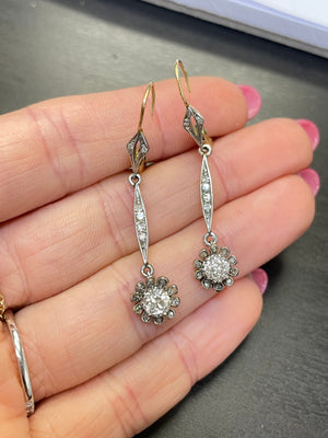 Antique Old Mine Cut Victorian Diamond Flower Drop Earrings 18K Gold and Platinum