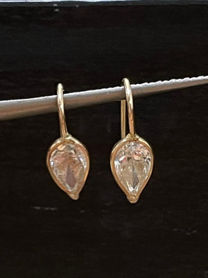 Unique Natural Untreated .78CT Pear Shape Diamond 14K Yellow Gold Upside down Set Wire Hook Earrings