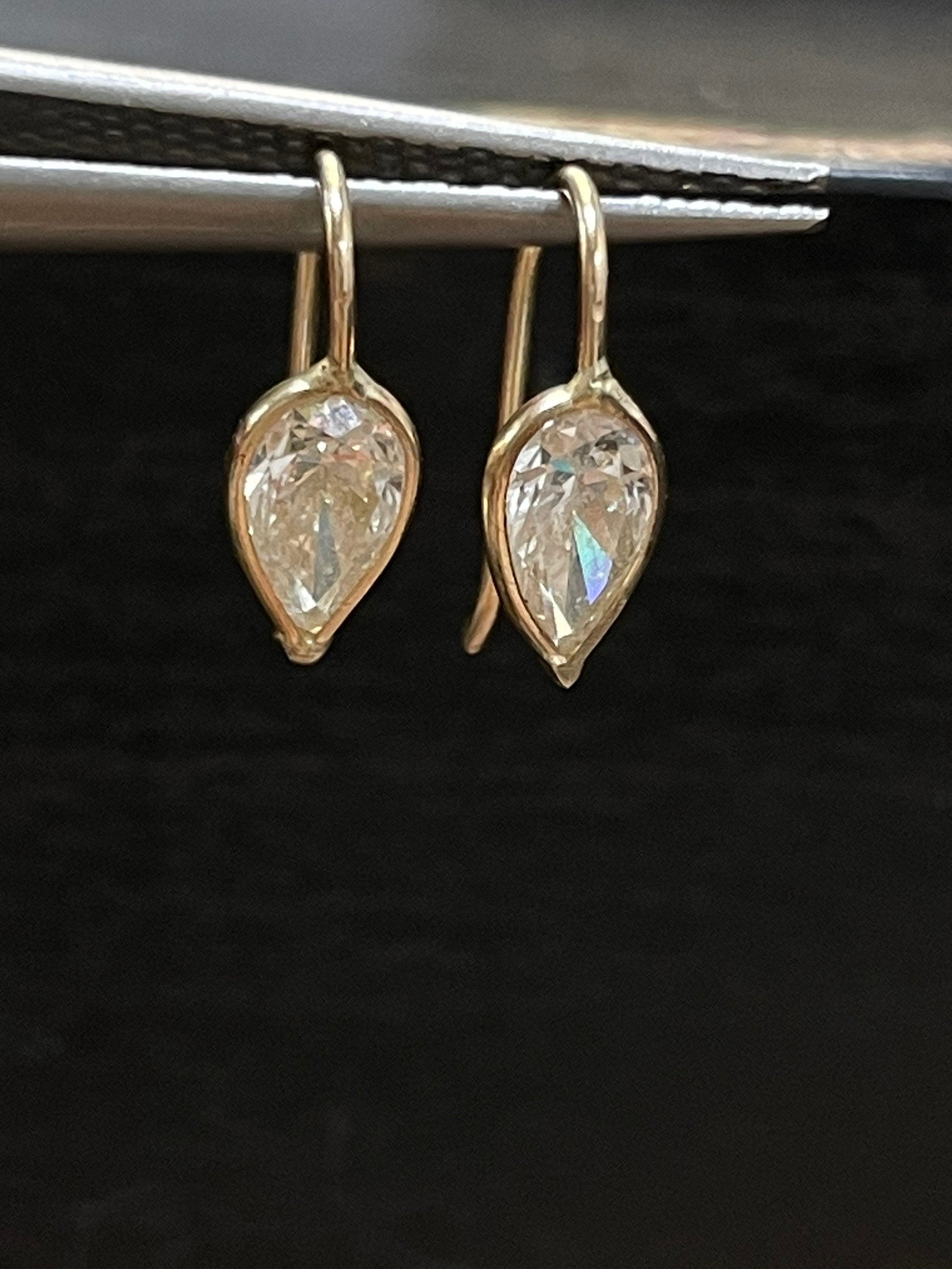 Unique Natural Untreated .78CT Pear Shape Diamond 14K Yellow Gold Upside down Set Wire Hook Earrings
