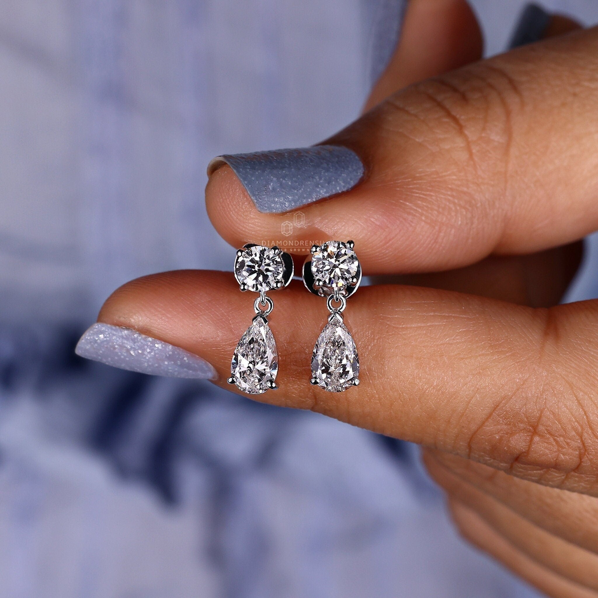 1.89 TCW Pear and round Cut Lab Grown Diamond Earrings, Dangle Drop Earrings, F/VS Lab Created Diamond Wedding Earrings, Earrings for Gift