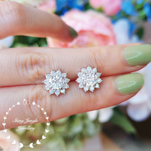Diamond Stud Earrings, Flower Halo Diamond Simulant Studs, 14K White Gold and Rose Gold Plated Sterling Silver, Christmas Gift with Box
