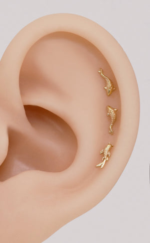 14K Solid Gold Koi Fish Cartilage Earring Tiny Tragus Stud Helix Conch Piercing Cute Stud Earring Minimalist Earrings Flat Back Earring