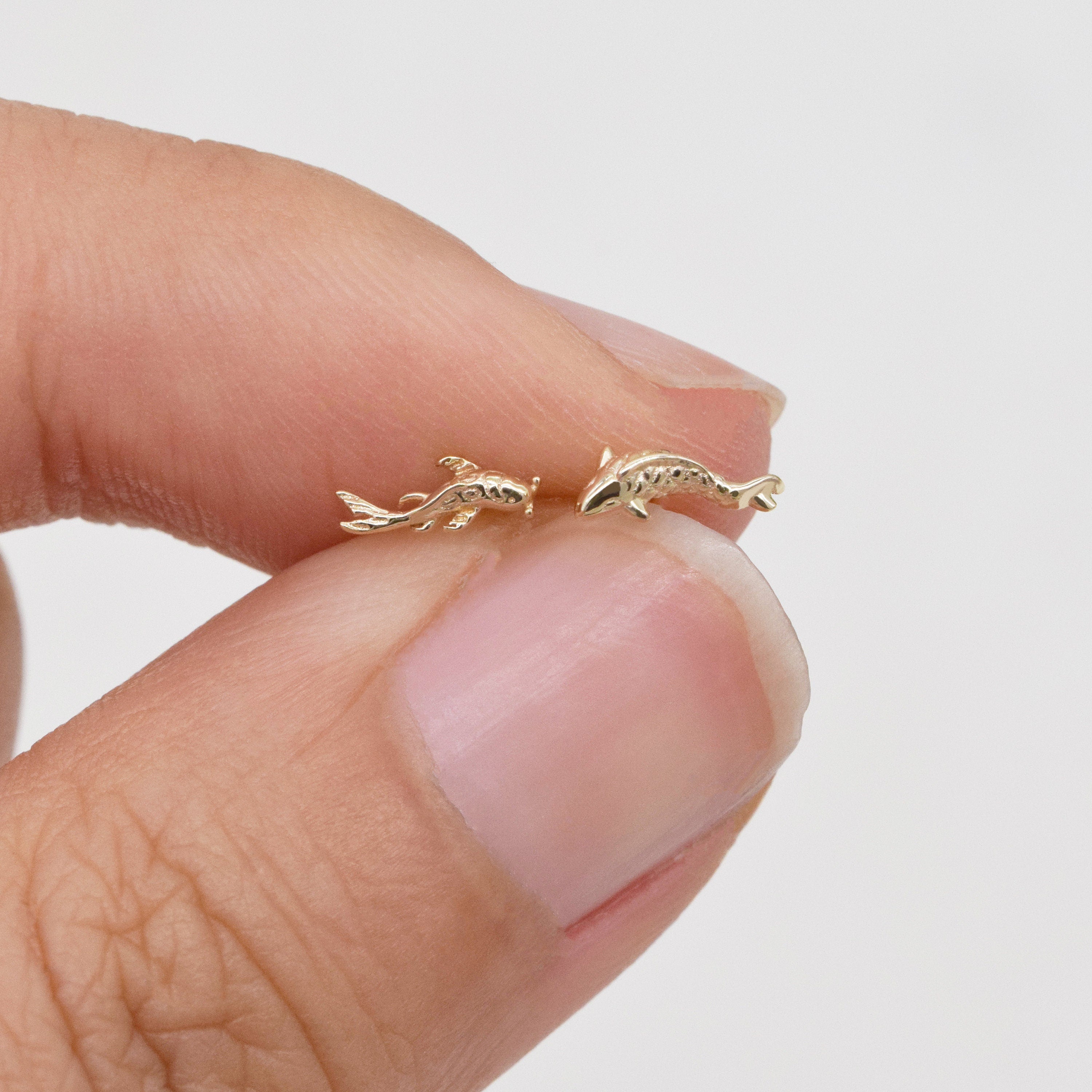 14K Solid Gold Koi Fish Cartilage Earring Tiny Tragus Stud Helix Conch Piercing Cute Stud Earring Minimalist Earrings Flat Back Earring