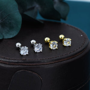 CZ Crystal Screw Back Earrings in Sterling Silver, Available in 3Mm 4Mm 5Mm 6Mm, Brilliant Cut CZ Earrings, Four Prong, Silver or Gold