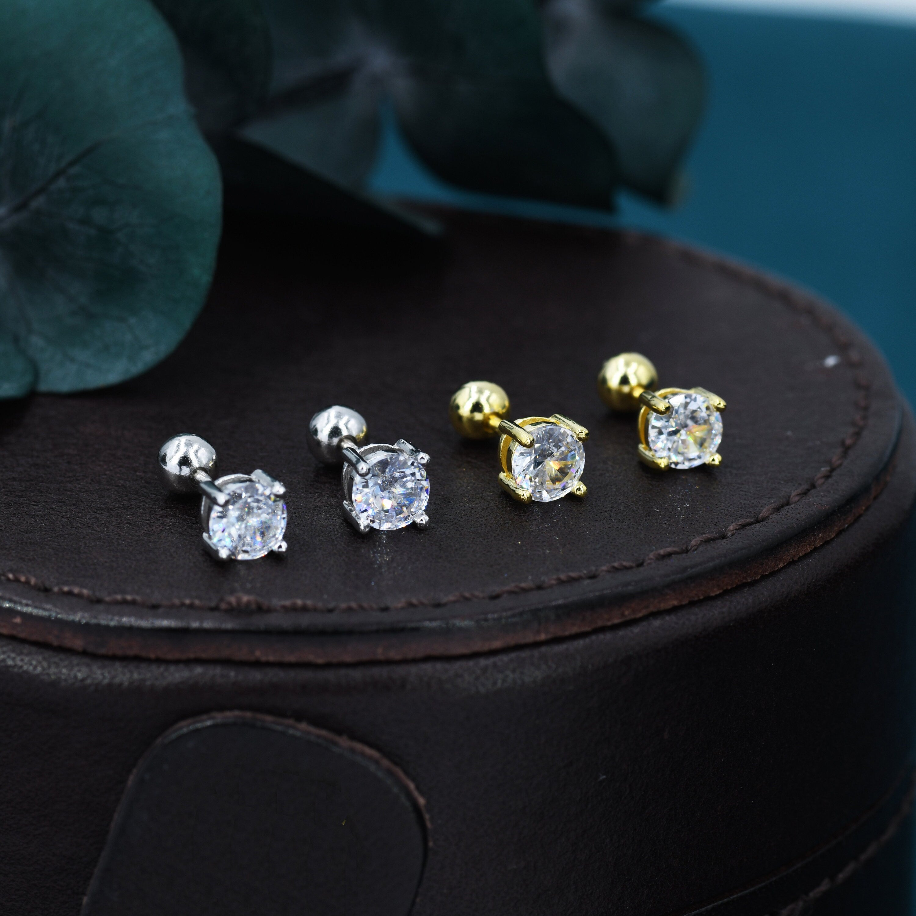 CZ Crystal Screw Back Earrings in Sterling Silver, Available in 3Mm 4Mm 5Mm 6Mm, Brilliant Cut CZ Earrings, Four Prong, Silver or Gold