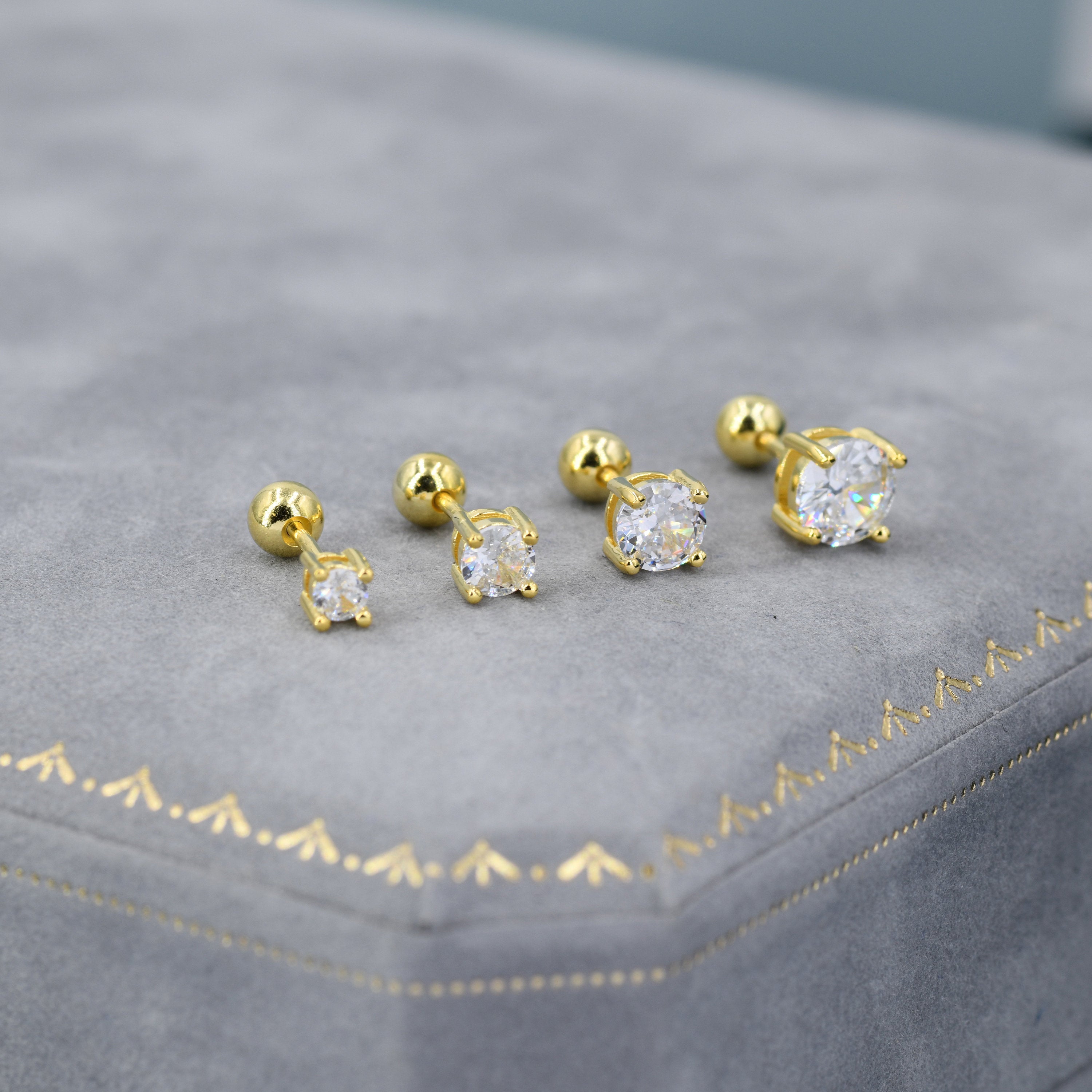 CZ Crystal Screw Back Earrings in Sterling Silver, Available in 3Mm 4Mm 5Mm 6Mm, Brilliant Cut CZ Earrings, Four Prong, Silver or Gold