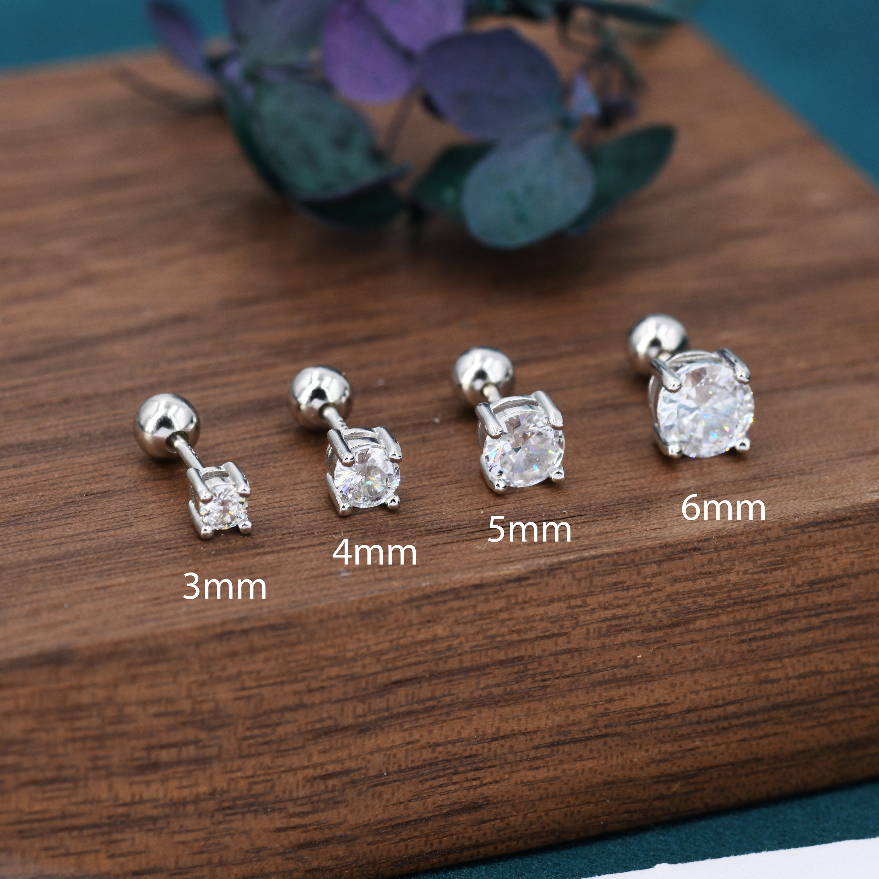 CZ Crystal Screw Back Earrings in Sterling Silver, Available in 3Mm 4Mm 5Mm 6Mm, Brilliant Cut CZ Earrings, Four Prong, Silver or Gold