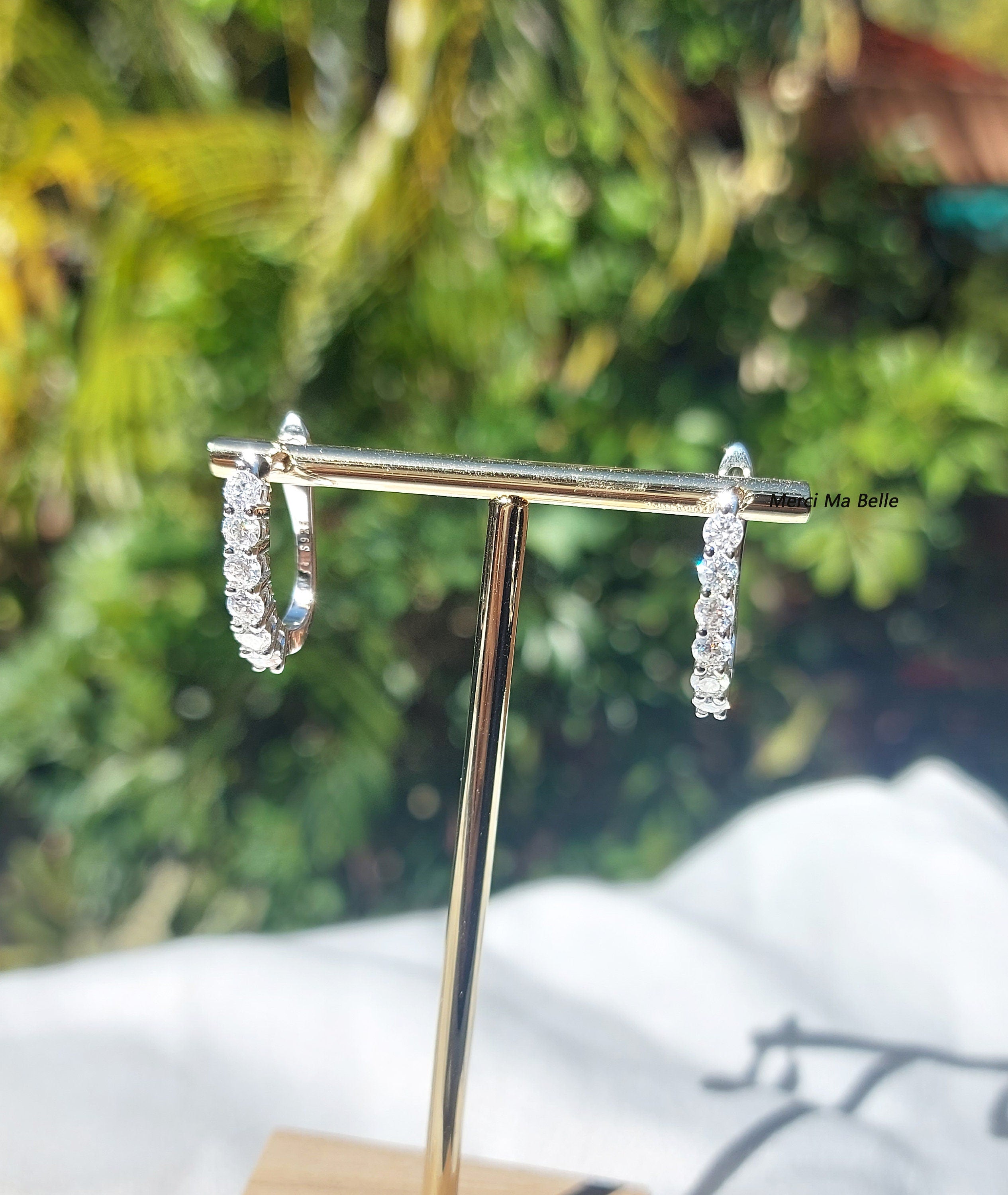 Moissanite Hoop Earrings, 925 Sterling Silver U Shape Huggies