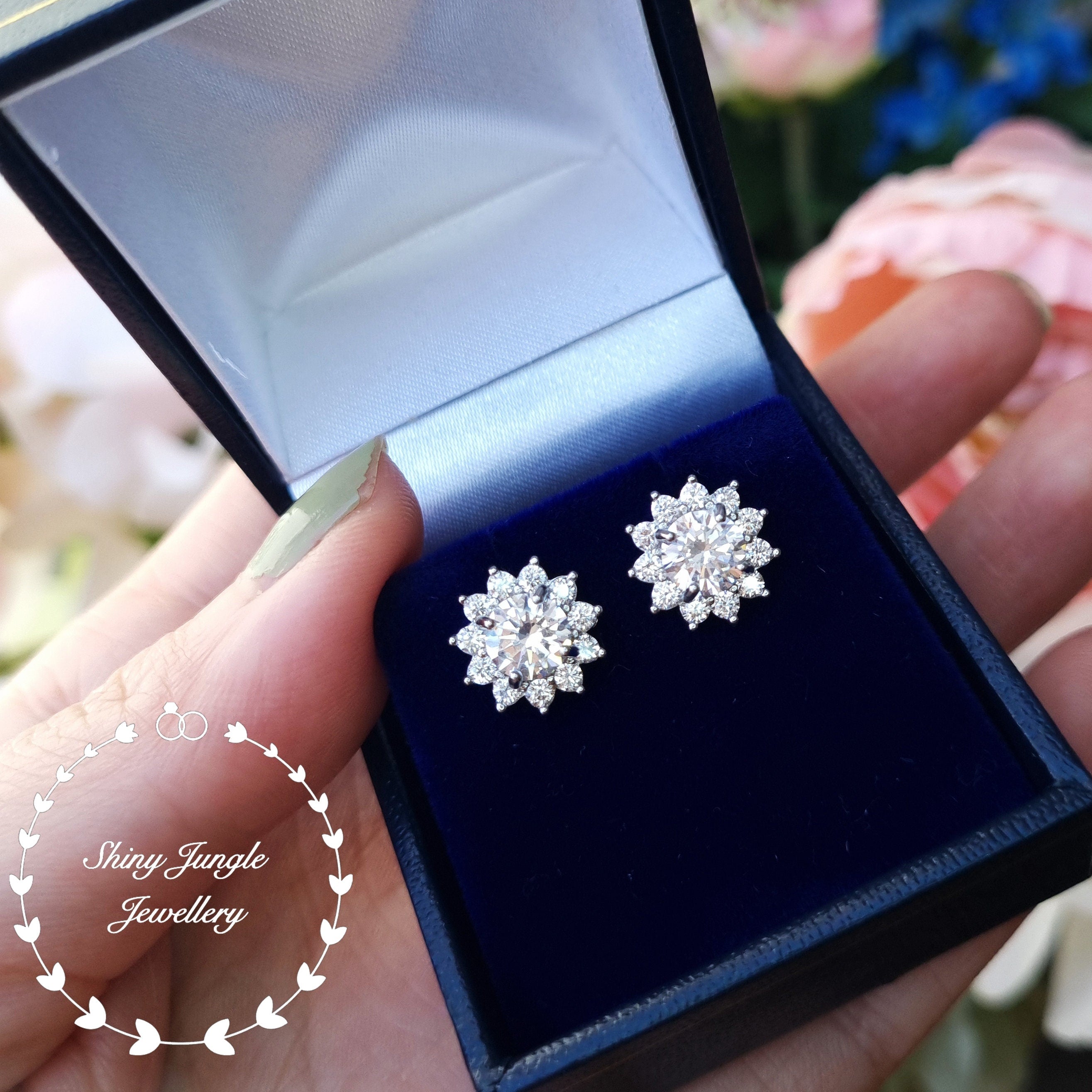 Diamond Stud Earrings, Flower Halo Diamond Simulant Studs, 14K White Gold and Rose Gold Plated Sterling Silver, Christmas Gift with Box