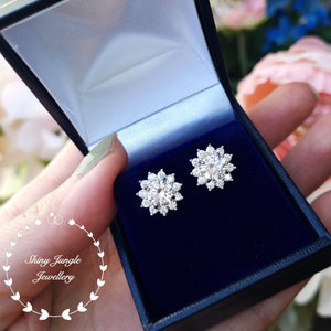 Diamond Stud Earrings, Flower Halo Diamond Simulant Studs, 14K White Gold and Rose Gold Plated Sterling Silver, Christmas Gift with Box