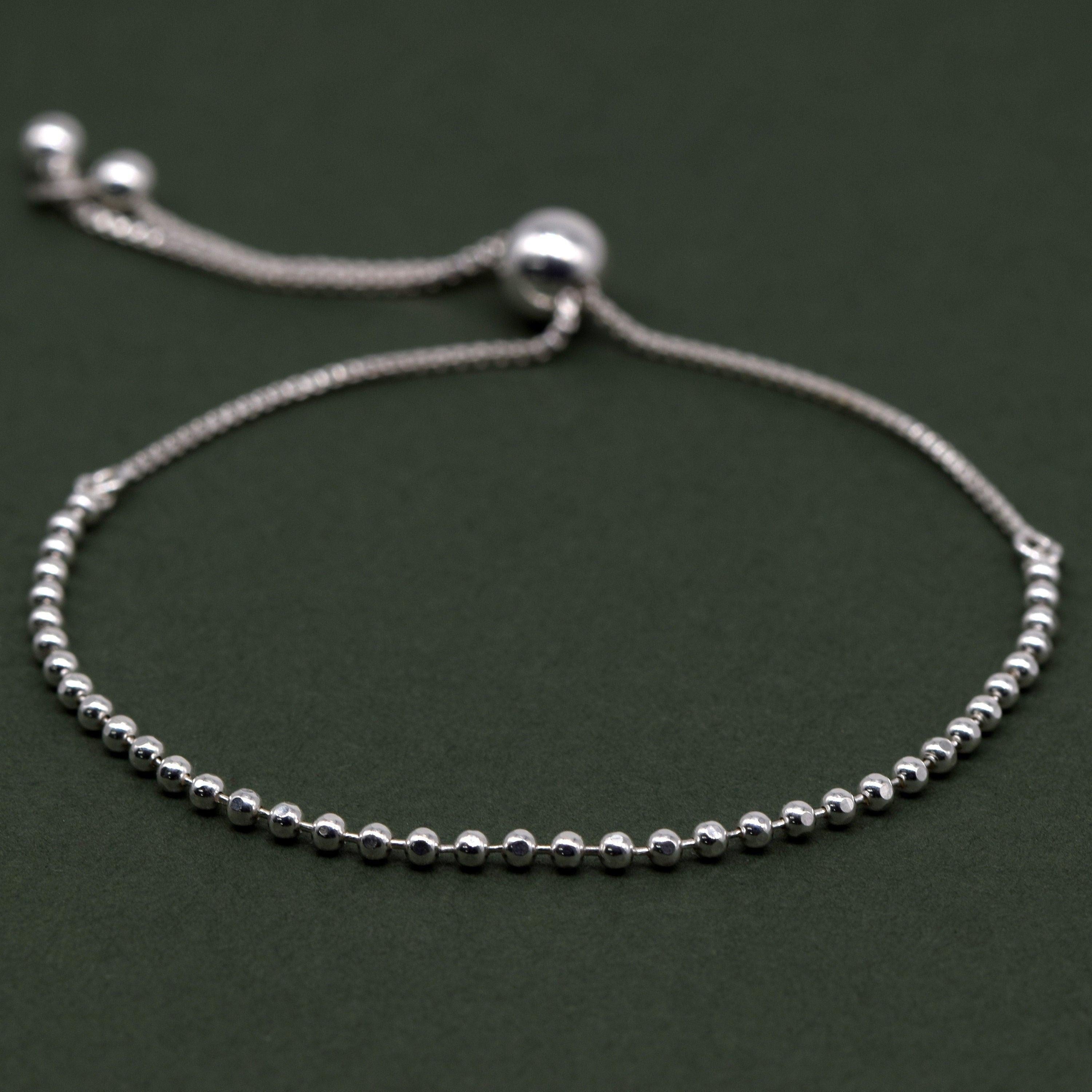 Elegant Sterling Silver Adjustable Minimalist Slider Bracelet with 2mm Beads for Women.