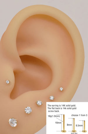 14K Solid Gold Solitaire Diamond Cartilage Earring Labret Flat Back Moissanite Tragus Internal Threaded Helix Piercing Conch Nose Stud
