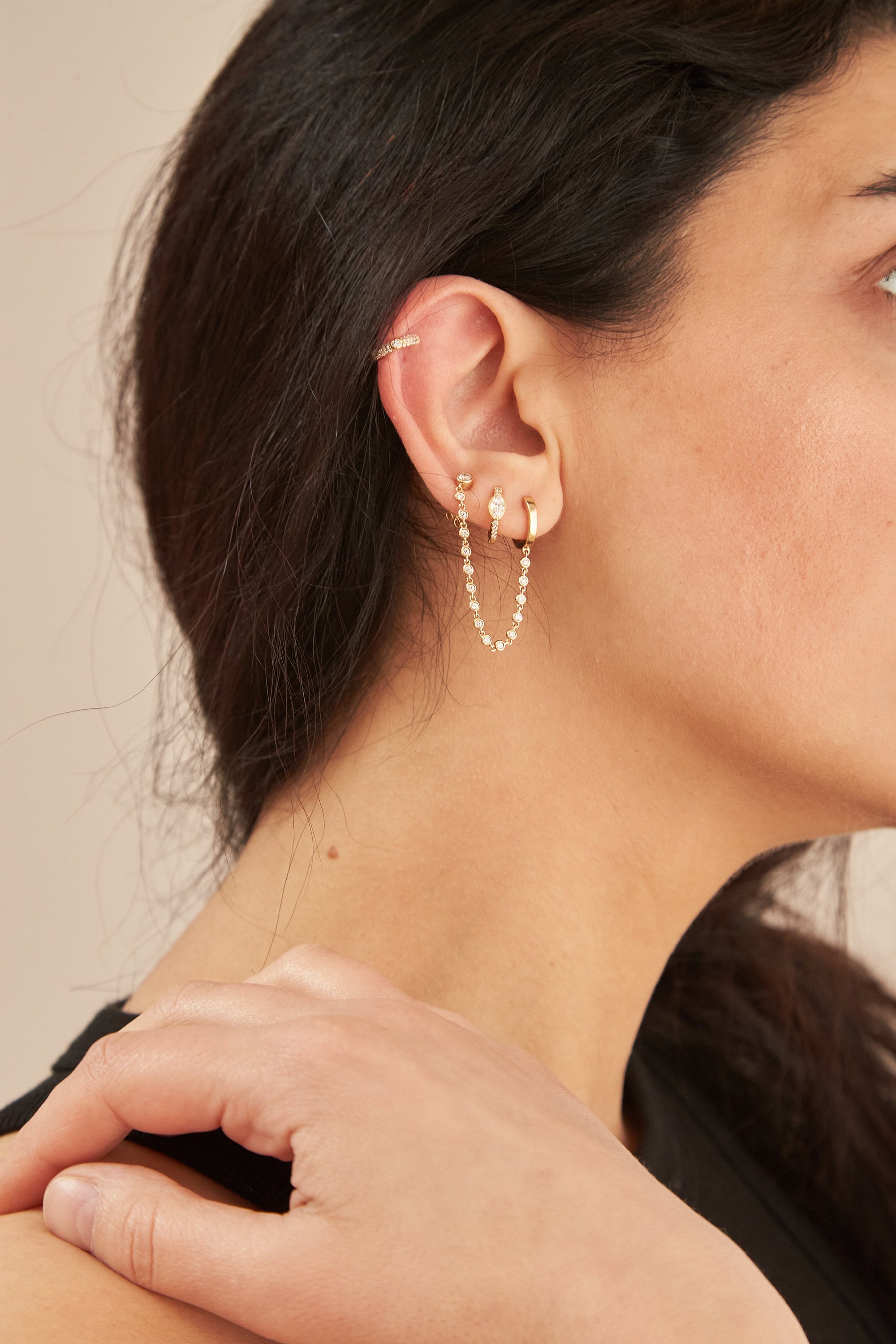 14K Yellow Gold Diamond Drop Huggie Earrings