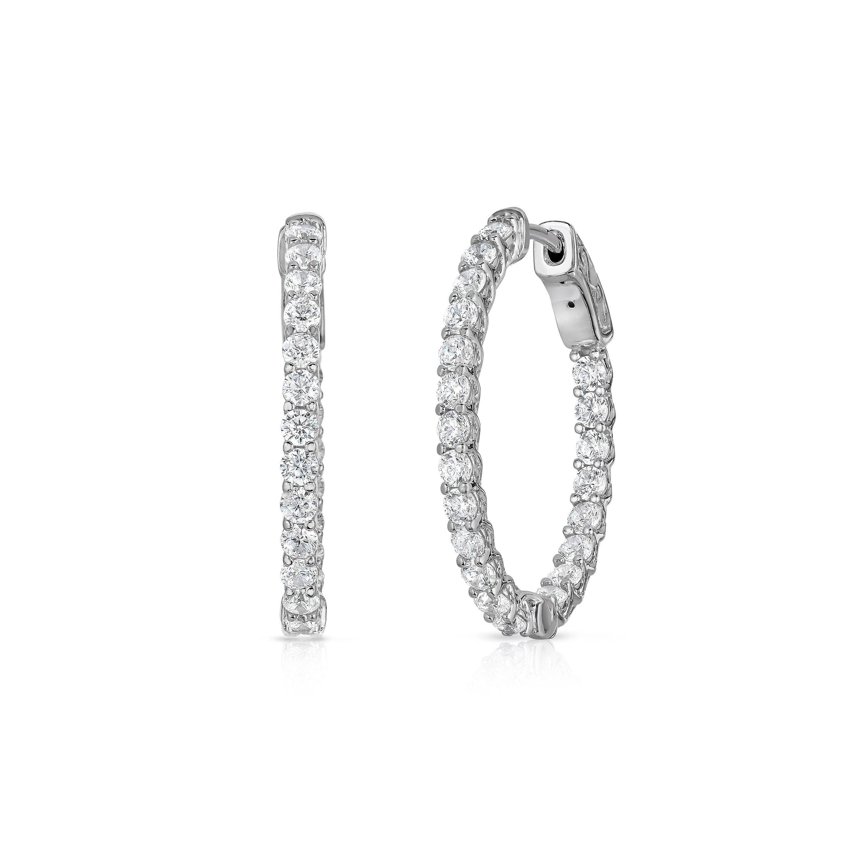 Stunning 14K Solid White Gold Half Eternity Huggie Hoop Earrings with 0.52 CTW Real Diamonds.