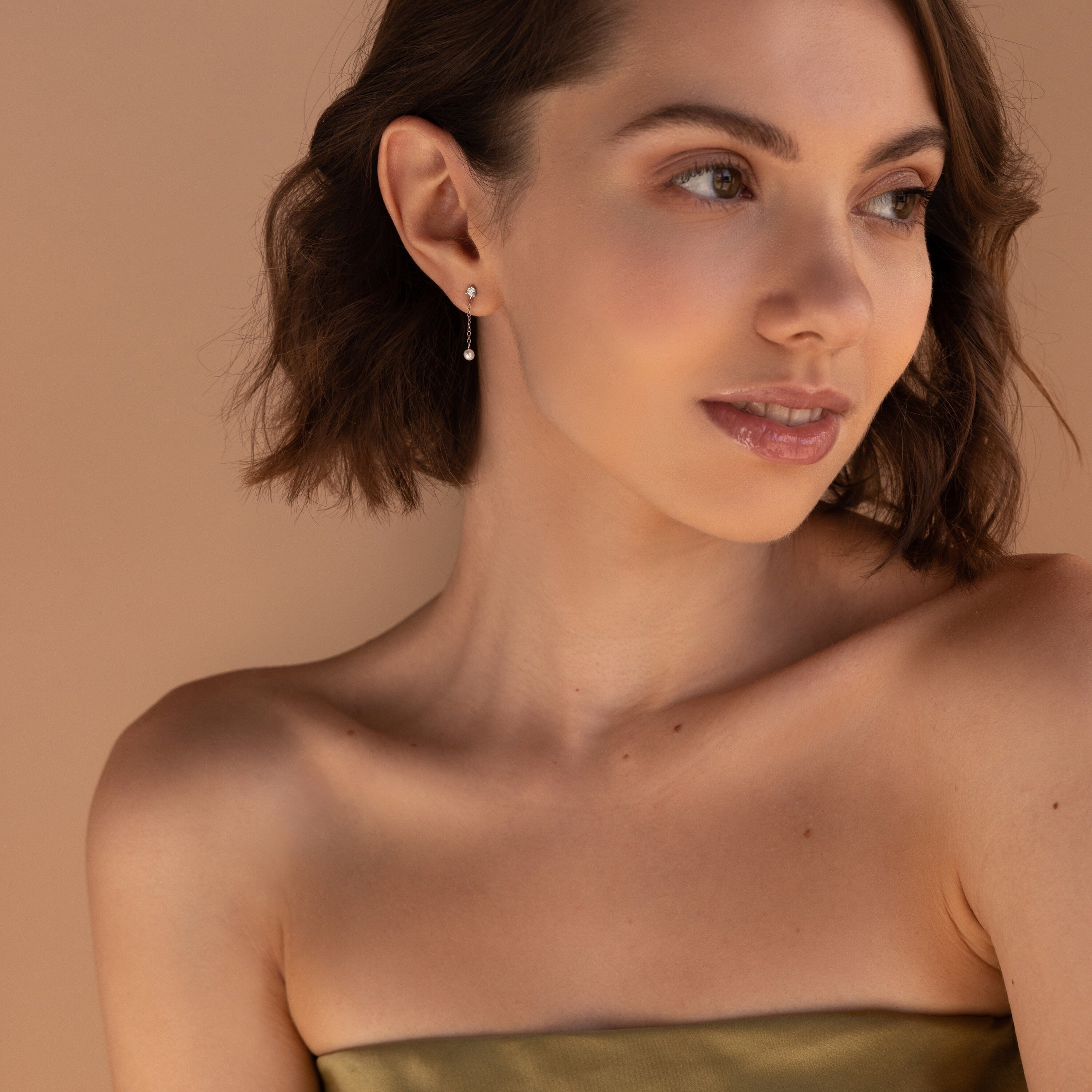 Diamond Pearl Drop Earrings by Caitlyn Minimalist • Dainty Pearl Chain Earrings • Long Dangle Diamond Studs • Bridesmaid Jewelry • ER356