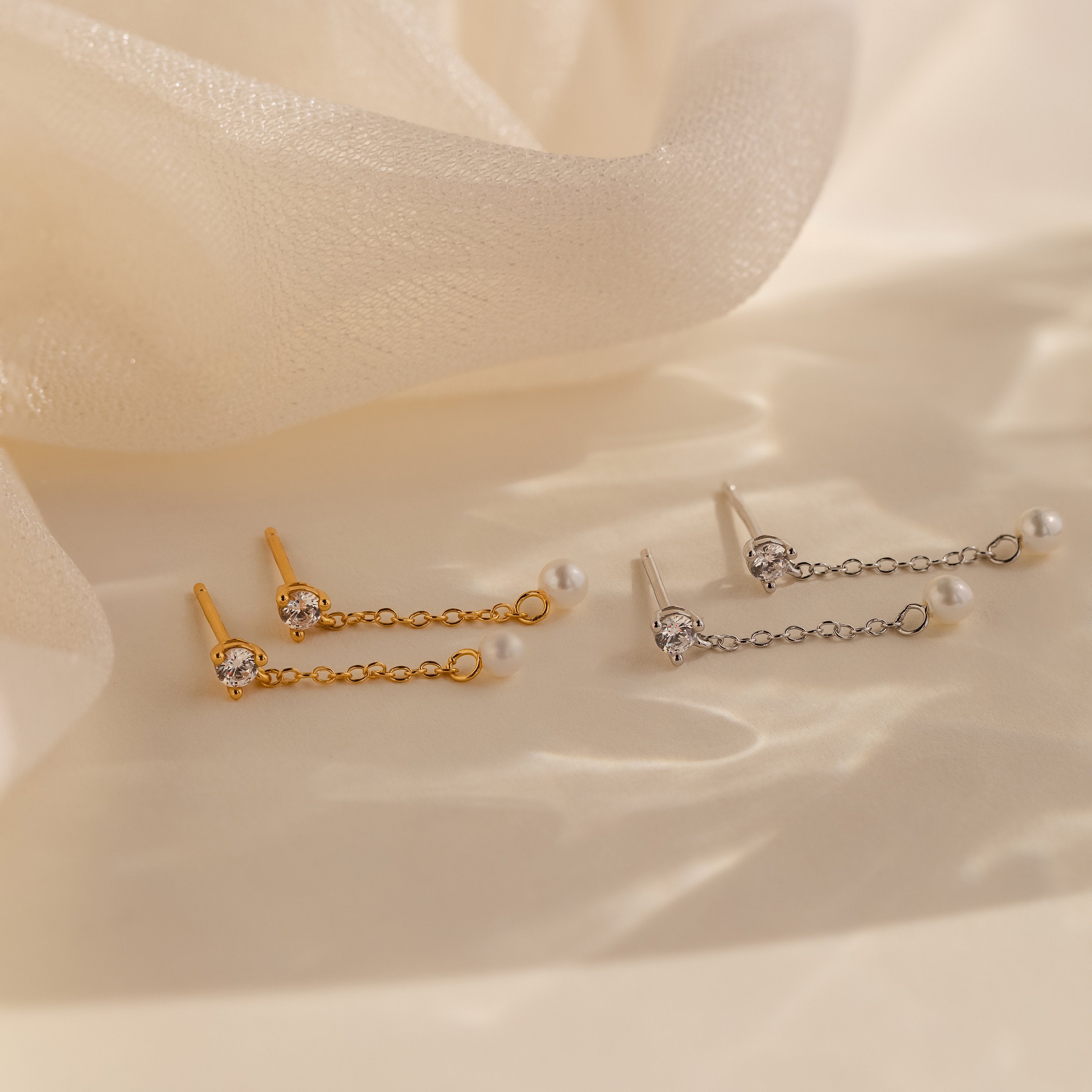 Diamond Pearl Drop Earrings by Caitlyn Minimalist • Dainty Pearl Chain Earrings • Long Dangle Diamond Studs • Bridesmaid Jewelry • ER356