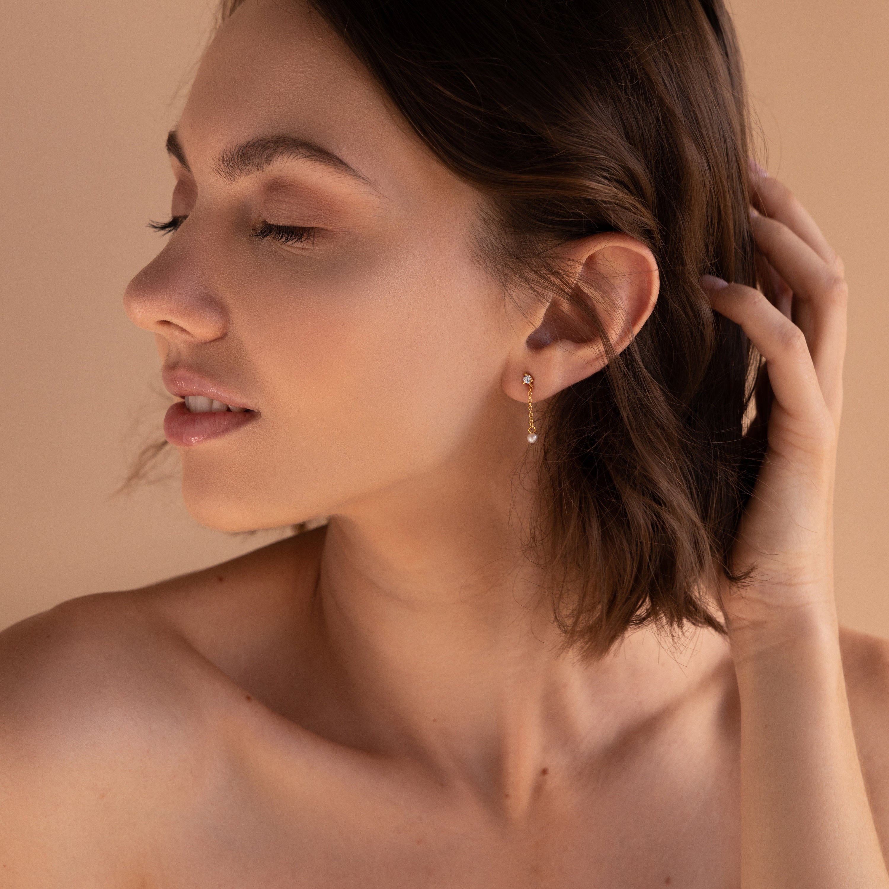 Diamond Pearl Drop Earrings by Caitlyn Minimalist • Dainty Pearl Chain Earrings • Long Dangle Diamond Studs • Bridesmaid Jewelry • ER356