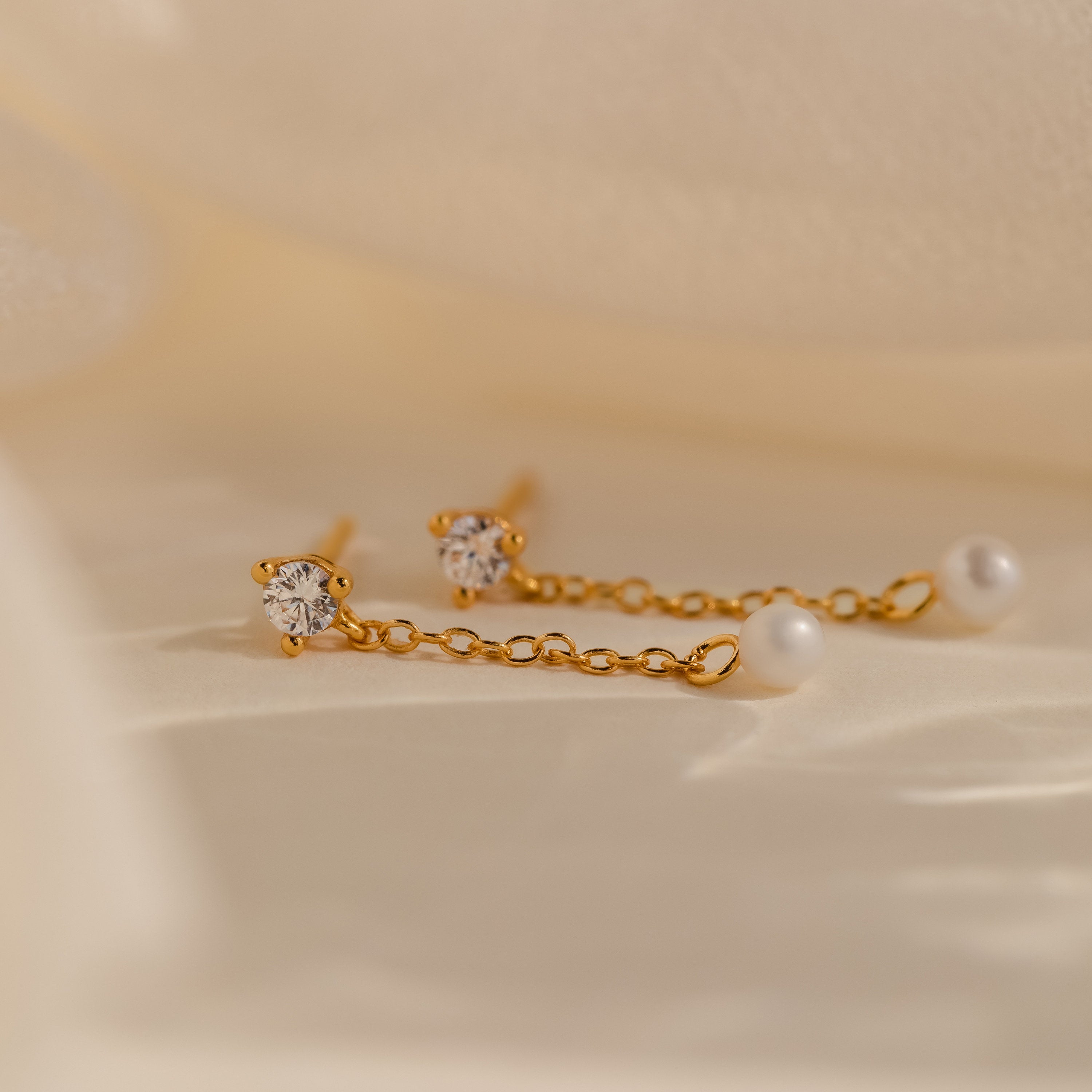 Diamond Pearl Drop Earrings by Caitlyn Minimalist • Dainty Pearl Chain Earrings • Long Dangle Diamond Studs • Bridesmaid Jewelry • ER356