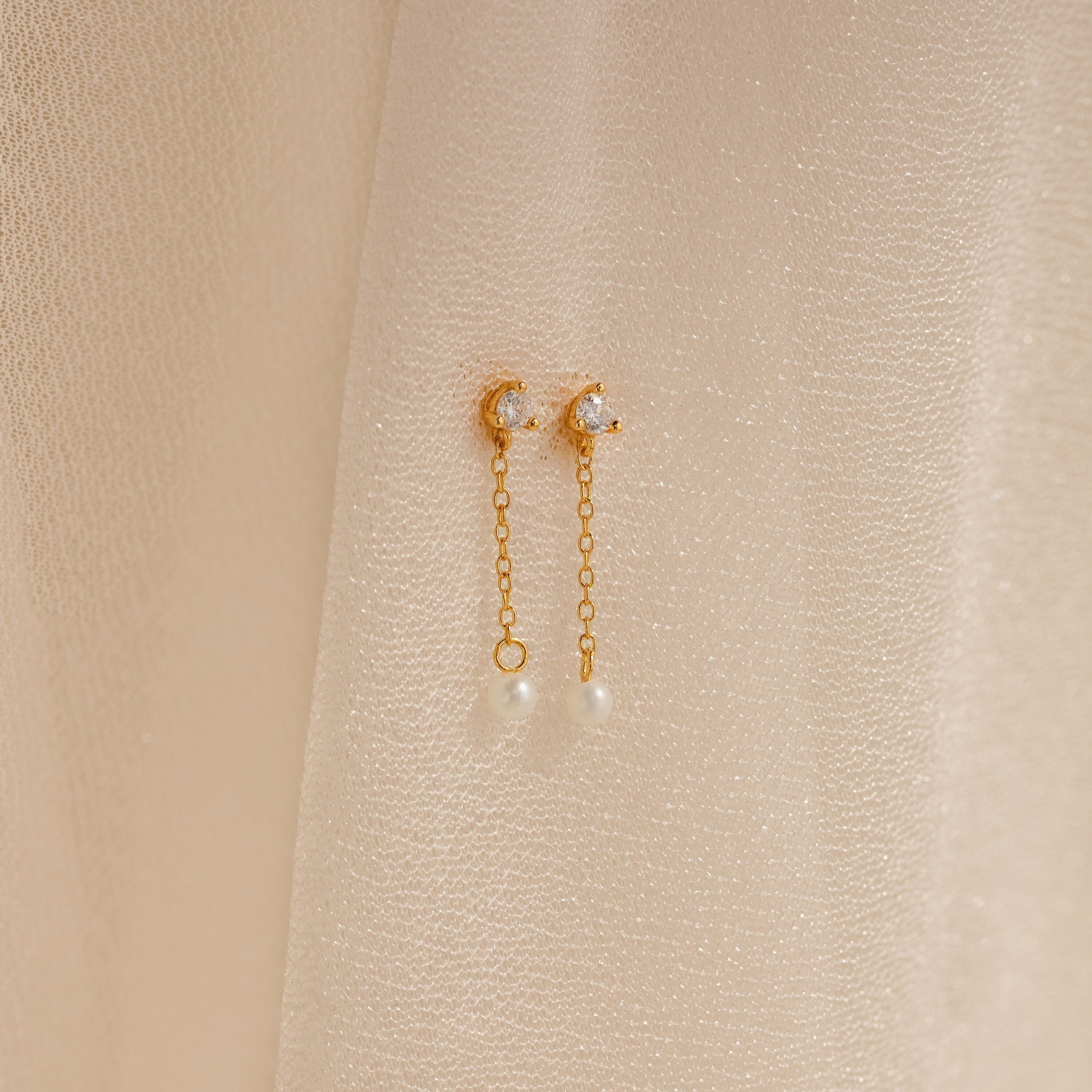 Diamond Pearl Drop Earrings by Caitlyn Minimalist • Dainty Pearl Chain Earrings • Long Dangle Diamond Studs • Bridesmaid Jewelry • ER356