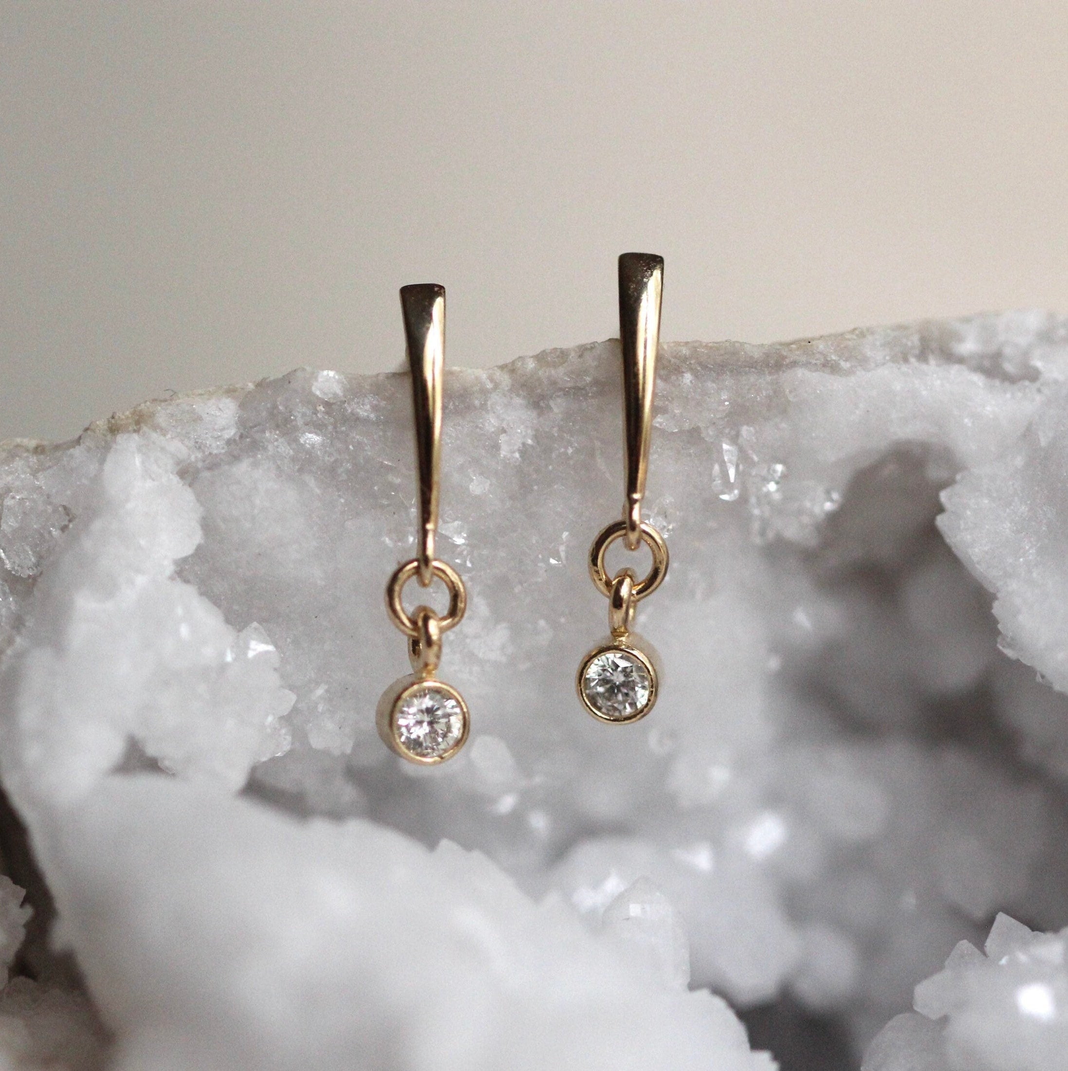 14K Gold Dangle Diamond Earrings, Drop Earrings, Post Dangle Earrings, Bezel Earrings, Bridal Earrings, Solid Gold Earrings, Gift for Her