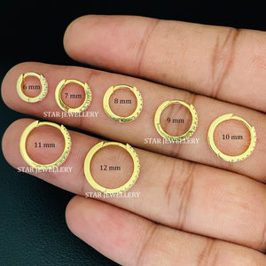 Natural Diamond Nose Ring, Helix Tragus Daith Piercing, Solid Gold Diamond Huggie Hoop Earring, 10K 14K Cartilage Clicker, 6Mm 8Mm 10Mm 12Mm