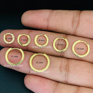 Natural Diamond Nose Ring, Helix Tragus Daith Piercing, Solid Gold Diamond Huggie Hoop Earring, 10K 14K Cartilage Clicker, 6Mm 8Mm 10Mm 12Mm