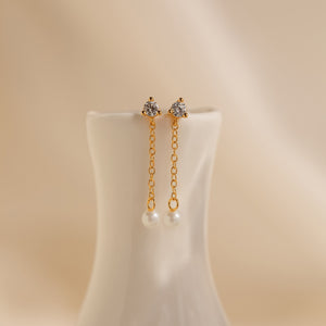 Diamond Pearl Drop Earrings by Caitlyn Minimalist • Dainty Pearl Chain Earrings • Long Dangle Diamond Studs • Bridesmaid Jewelry • ER356