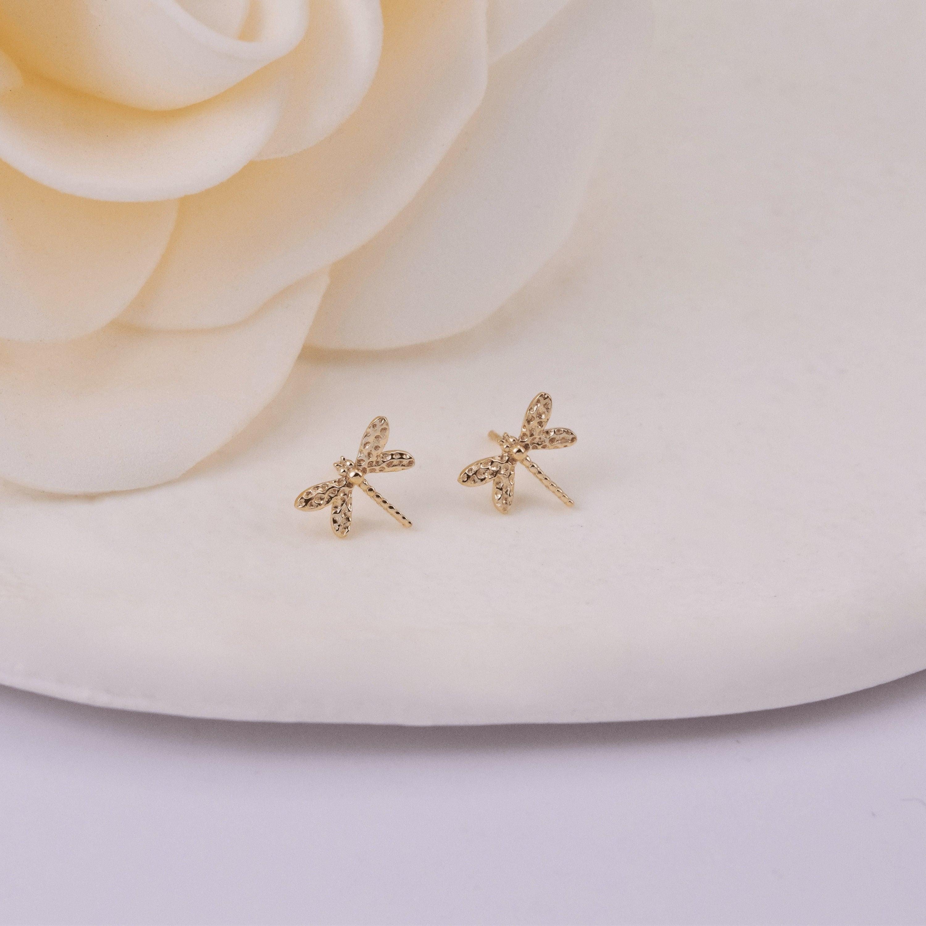 14K Solid Gold Dragonfly Cartilage Piercing - Minimalist Helix & Tragus Earring Gift for Her.