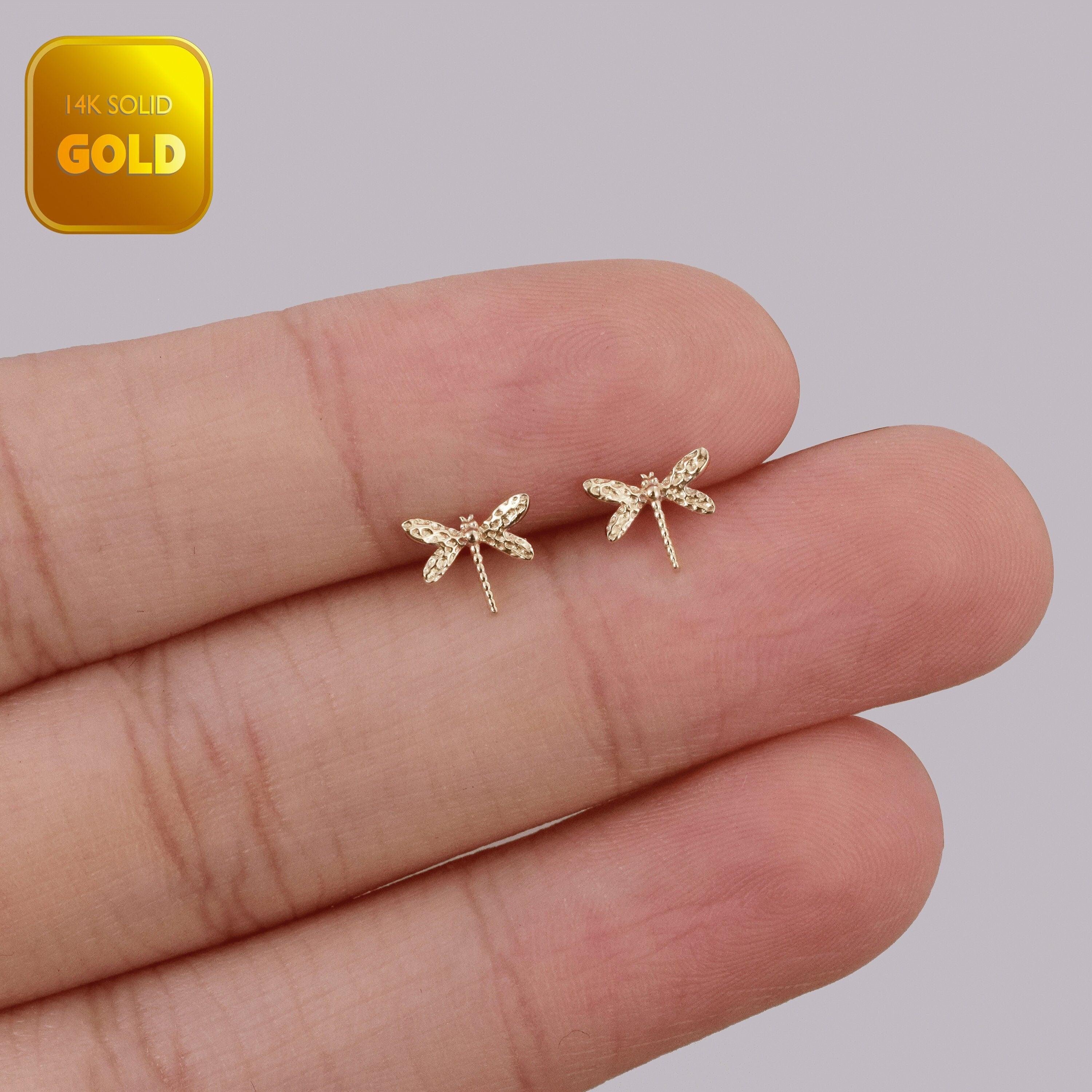 14K Solid Gold Dragonfly Cartilage Piercing - Minimalist Helix & Tragus Earring Gift for Her.