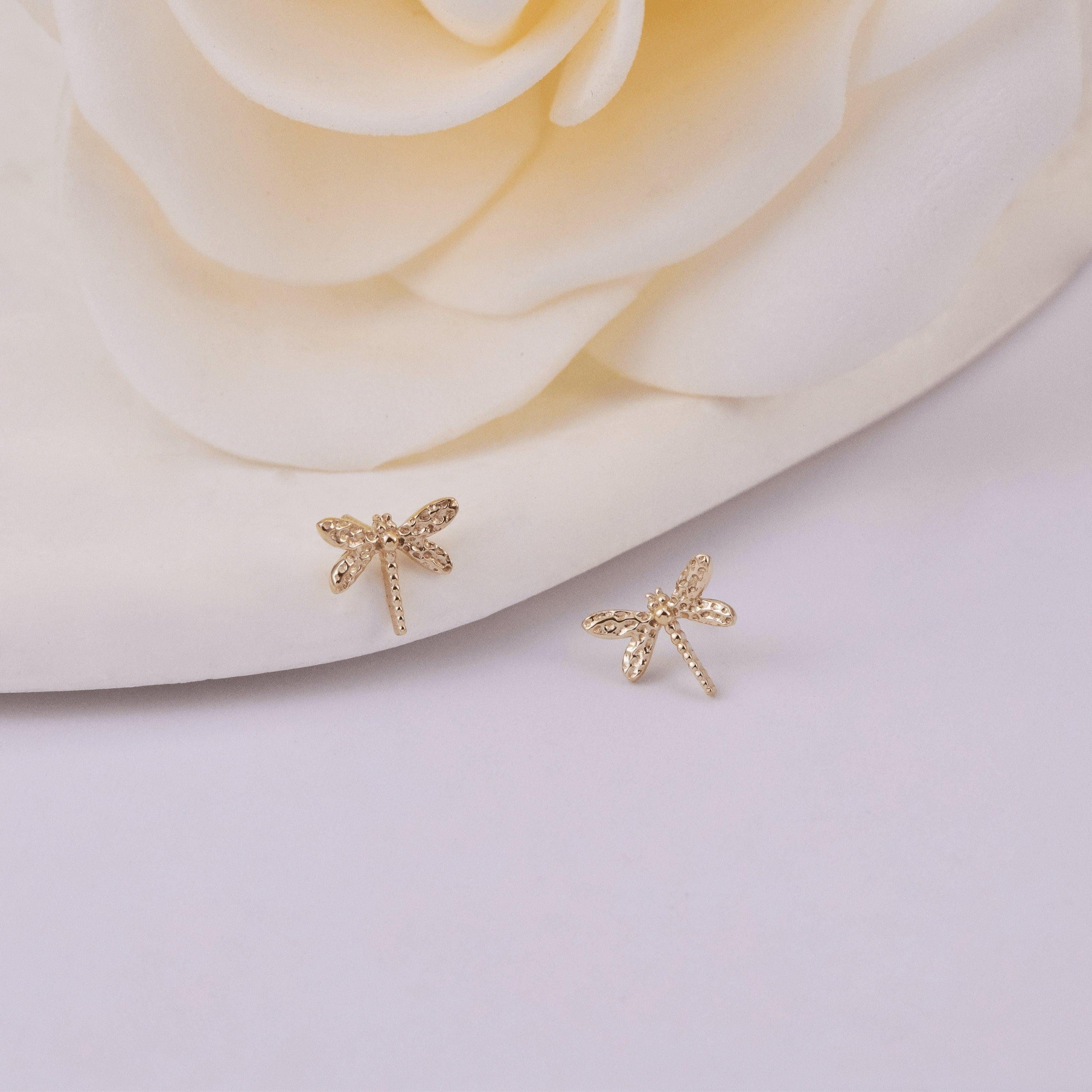 14K Solid Gold Dragonfly Cartilage Piercing - Minimalist Helix & Tragus Earring Gift for Her.