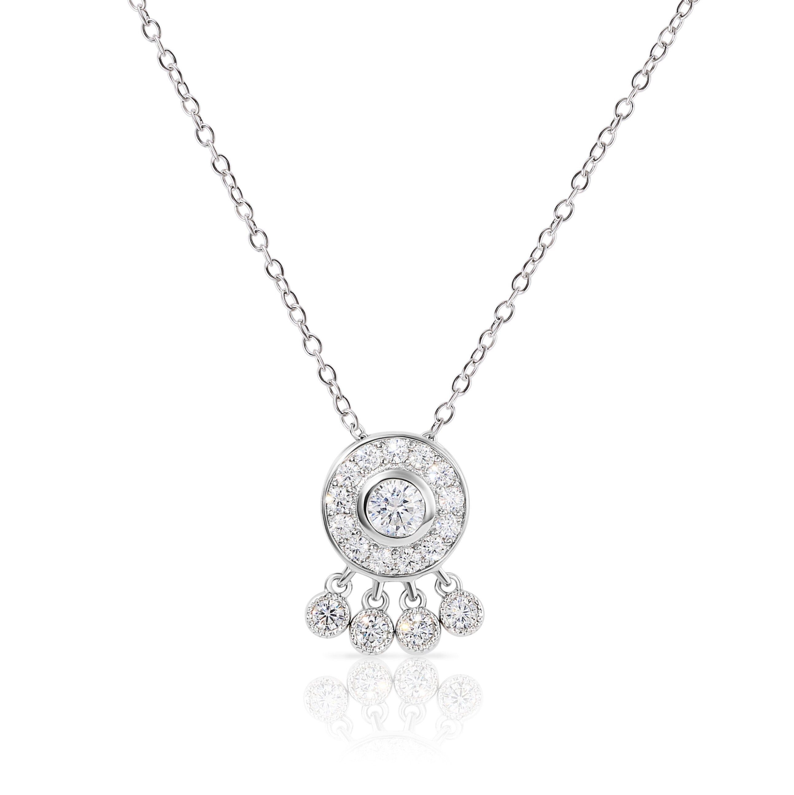 Round Halo Necklace in Sterling Silver, Tribal Dangle Pendant, Solitaire Boho Hippie Design