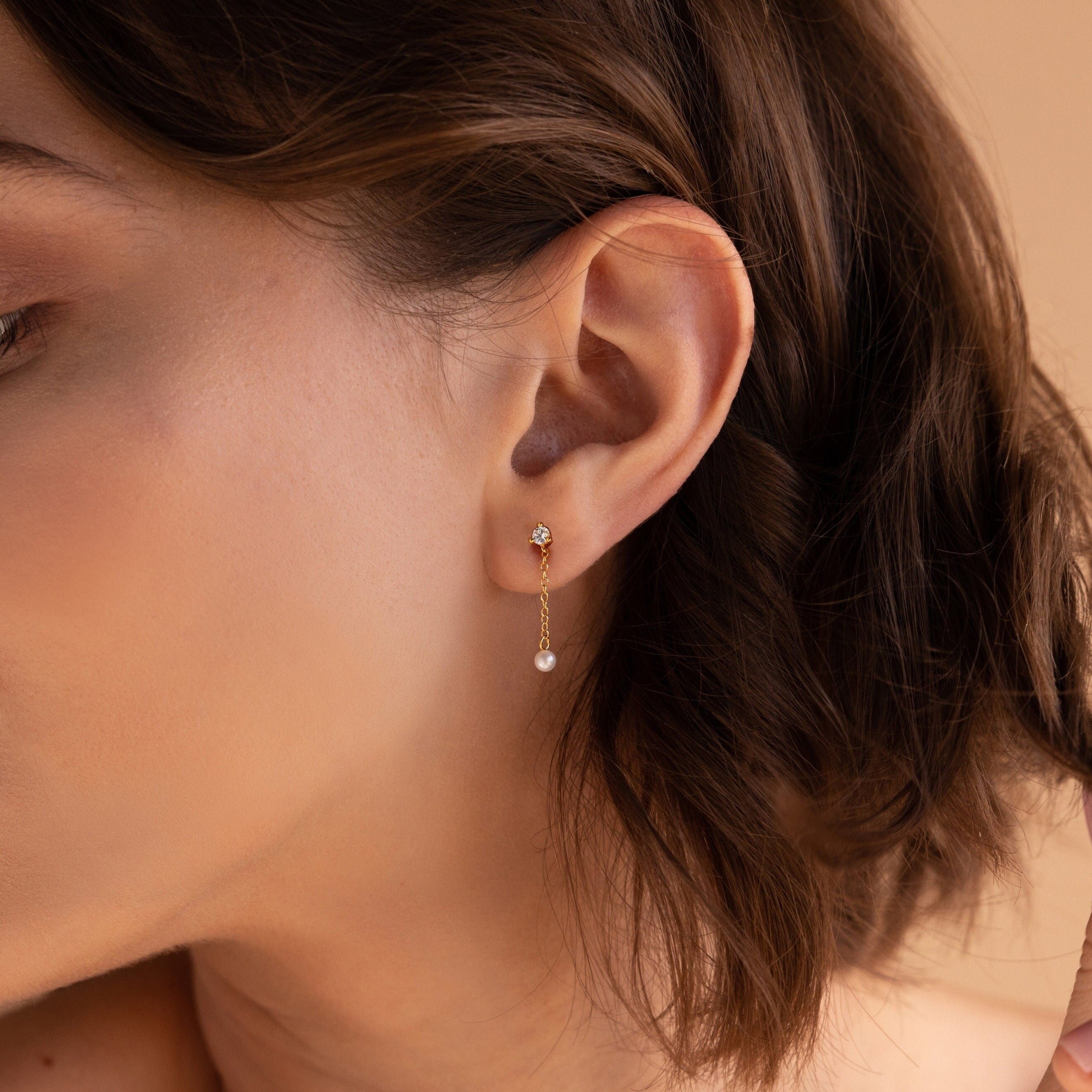Diamond Pearl Drop Earrings by Caitlyn Minimalist • Dainty Pearl Chain Earrings • Long Dangle Diamond Studs • Bridesmaid Jewelry • ER356