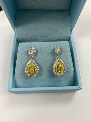 1.62Ct Fancy Yellow Pear Diamond Drop Earrings, 14K White Gold