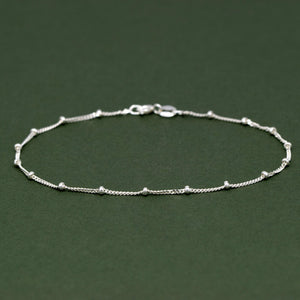 Elegant Sterling Silver Curb Chain Bracelet – Dainty Beaded Fine Jewelry Gift for Her.