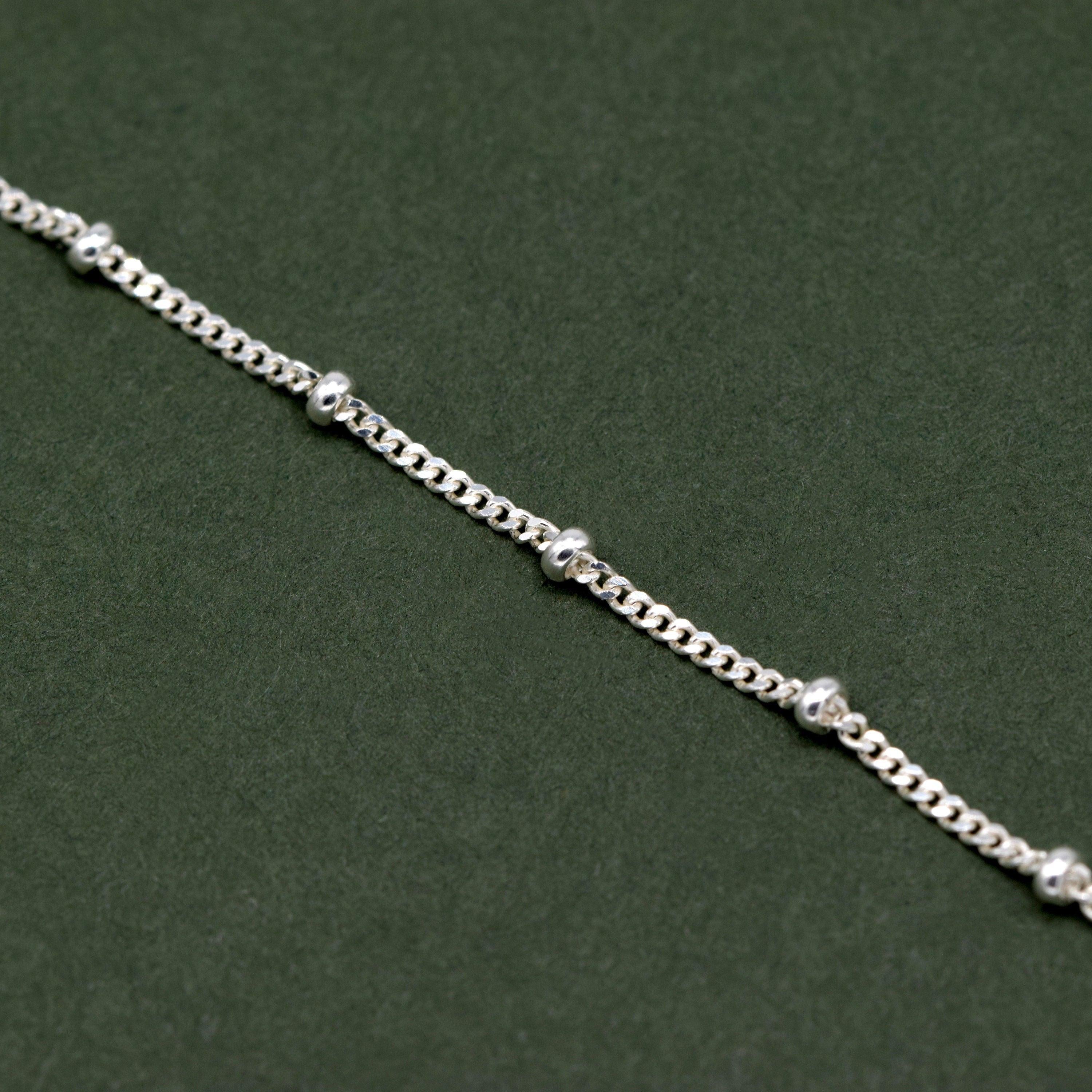 Elegant Sterling Silver Curb Chain Bracelet – Dainty Beaded Fine Jewelry Gift for Her.