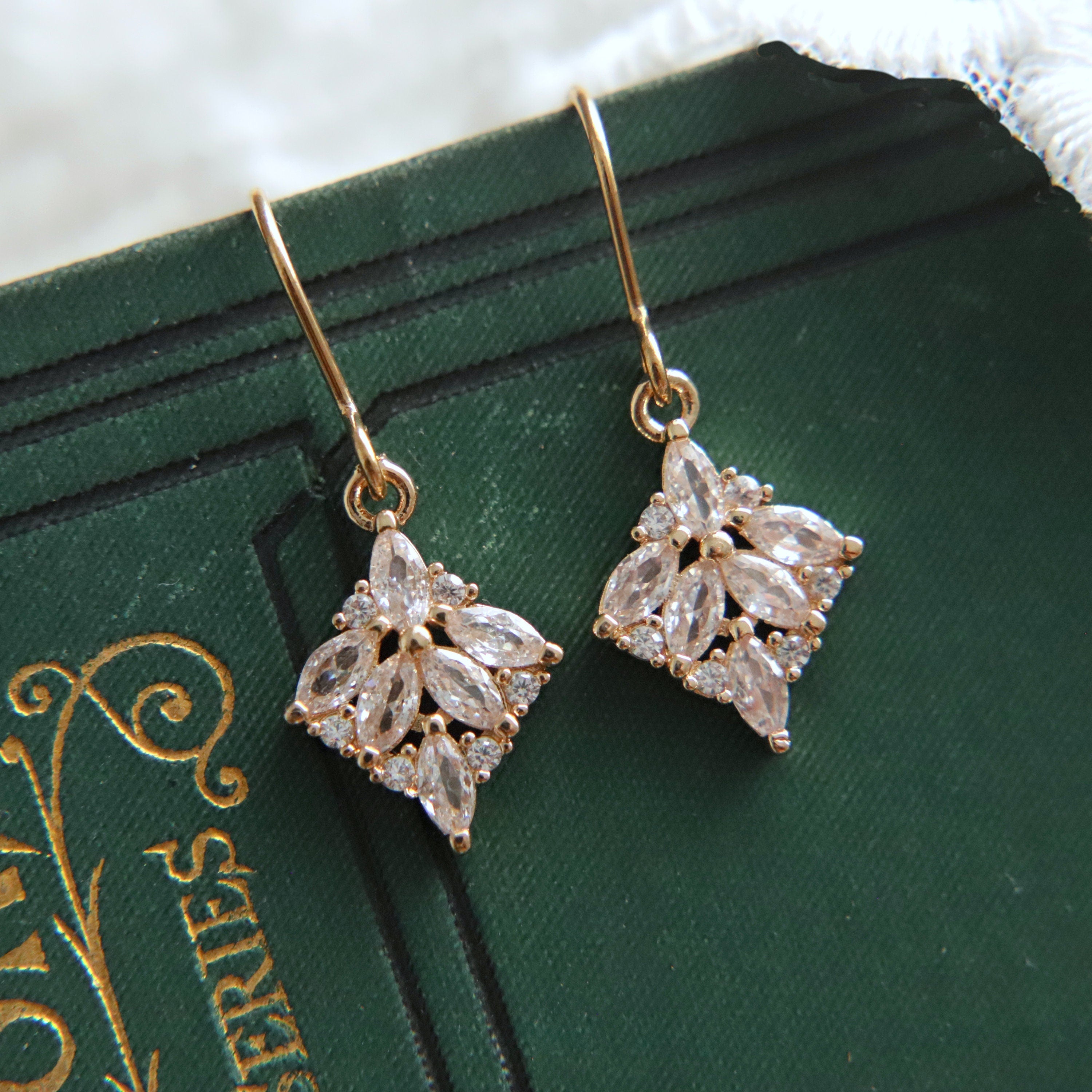 Art Deco Earrings, Marquise Earrings, Zirconia Diamond Drop Earrings 1920S Twenties Geometric Crystal Dangles Drops Art Nouveau Victorian