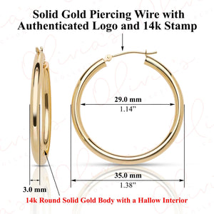 Stunning 14K Yellow Gold 3.0mm Classic Bold Chunky Hoop Earrings.