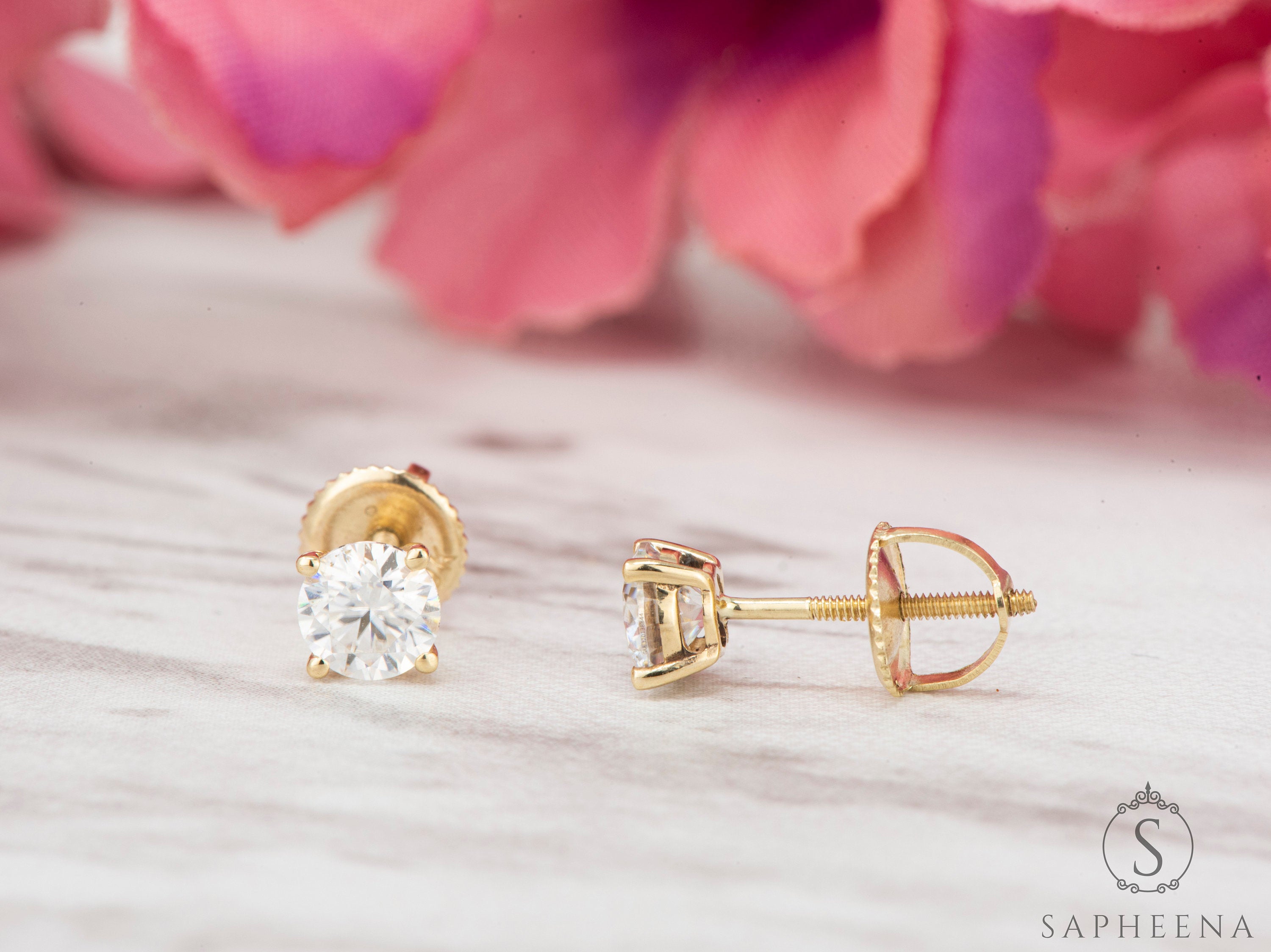 10K Gold Moissanite Stud Earrings | Screw Back round Cut Solitaire | Everyday Diamond Alternative Earrings