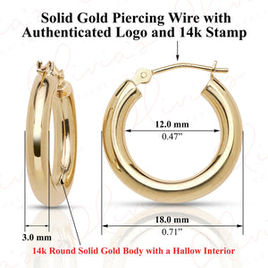 Stunning 14K Yellow Gold 3.0mm Classic Bold Chunky Hoop Earrings.