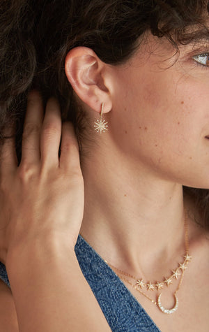 14K Yellow Gold Diamond Starburst Dangle Huggie Earrings