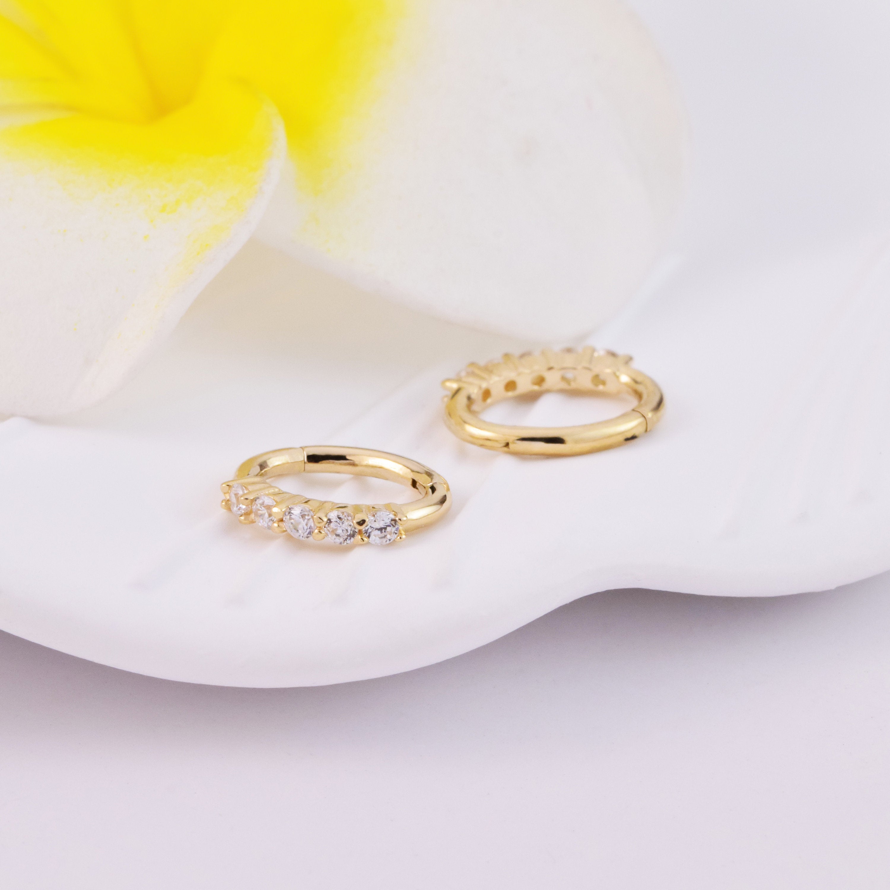 14K Solid Gold Diamond Oval Huggie Hoop Earring, Gold Hinged Segment Clicker, Clear CZ Rook Clicker Ring, Oval Seamless Belly Ring Clicker